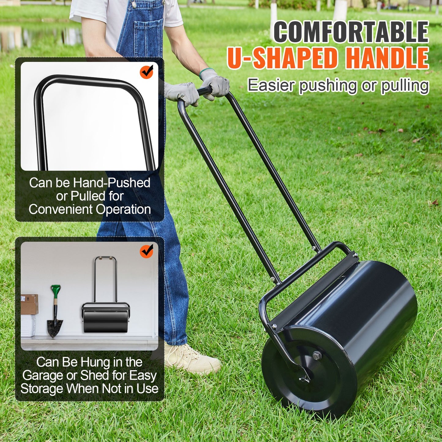 VEVOR Lawn Roller, 13 Gallon 24Inch Sand/Water Filled Yard Roller, Steel Sod Roller