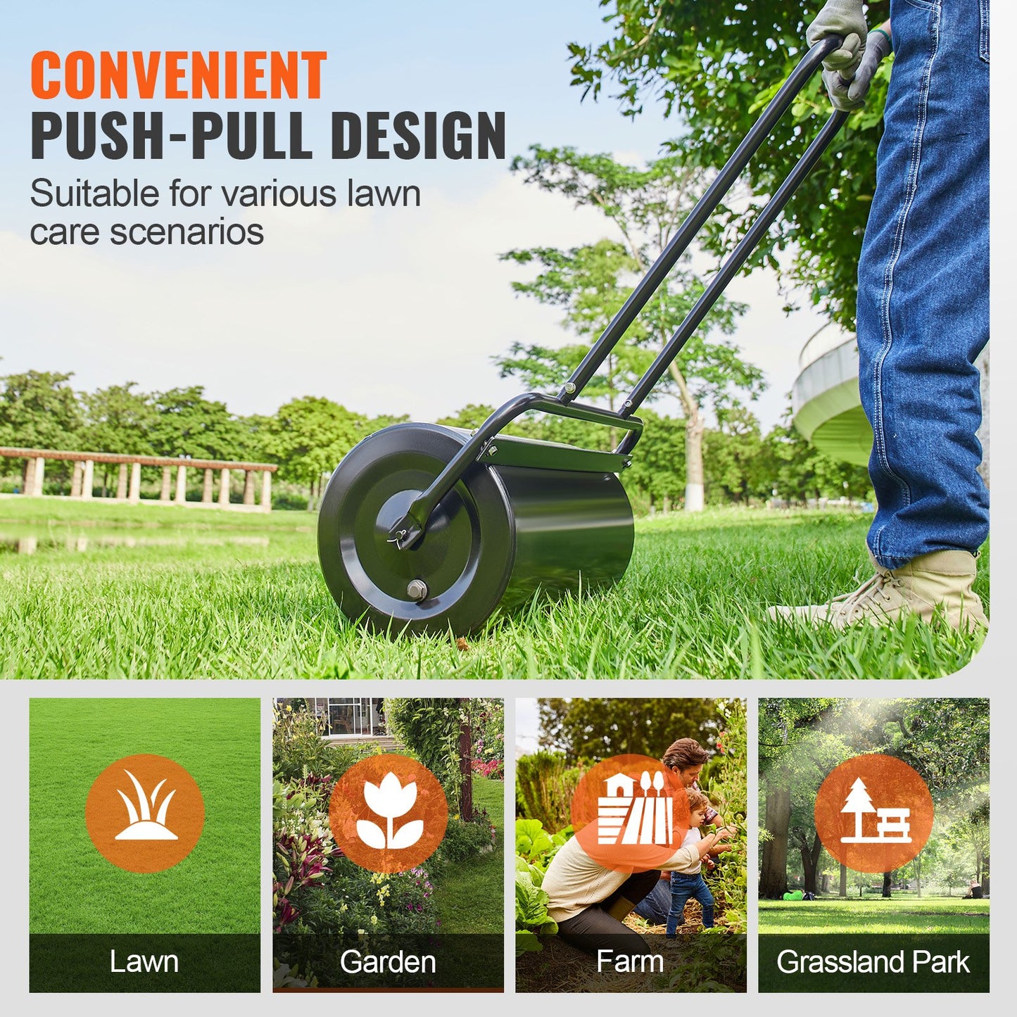 VEVOR Lawn Roller, 13 Gallon 24Inch Sand/Water Filled Yard Roller, Steel Sod Roller