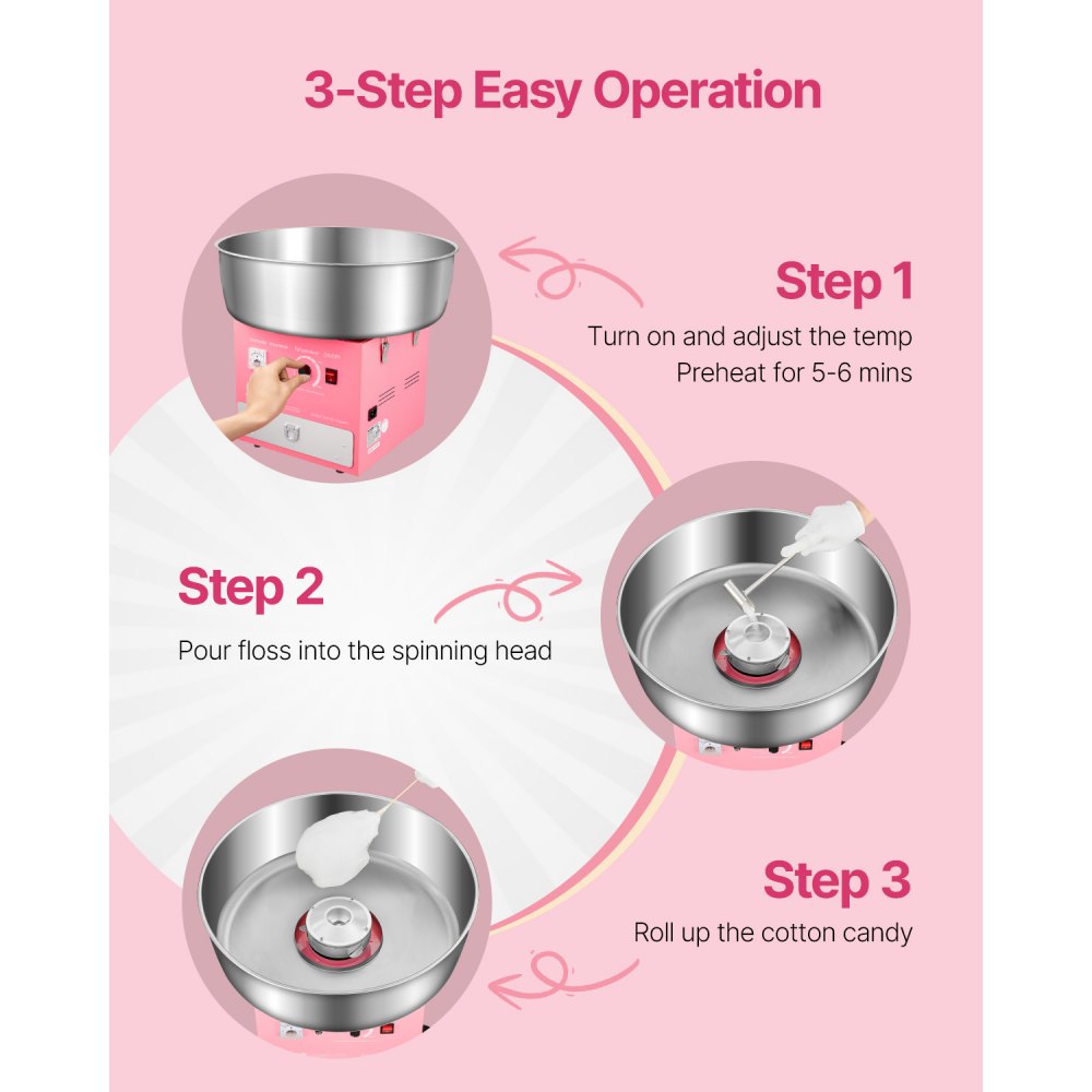 VEVOR Commercial Cotton Candy Machine Sugar Floss Maker 1000W for Party Pink