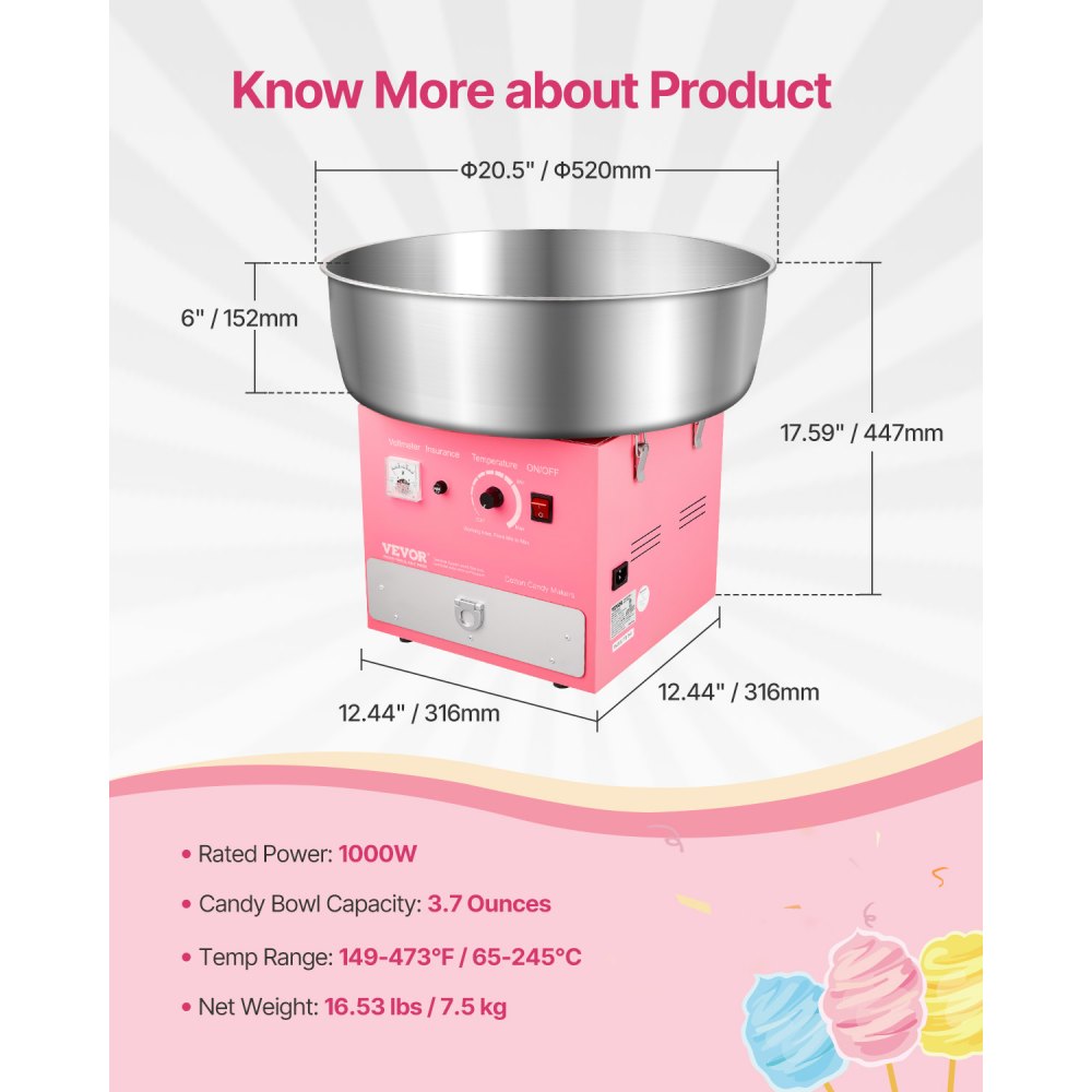 VEVOR Commercial Cotton Candy Machine Sugar Floss Maker 1000W for Party Pink