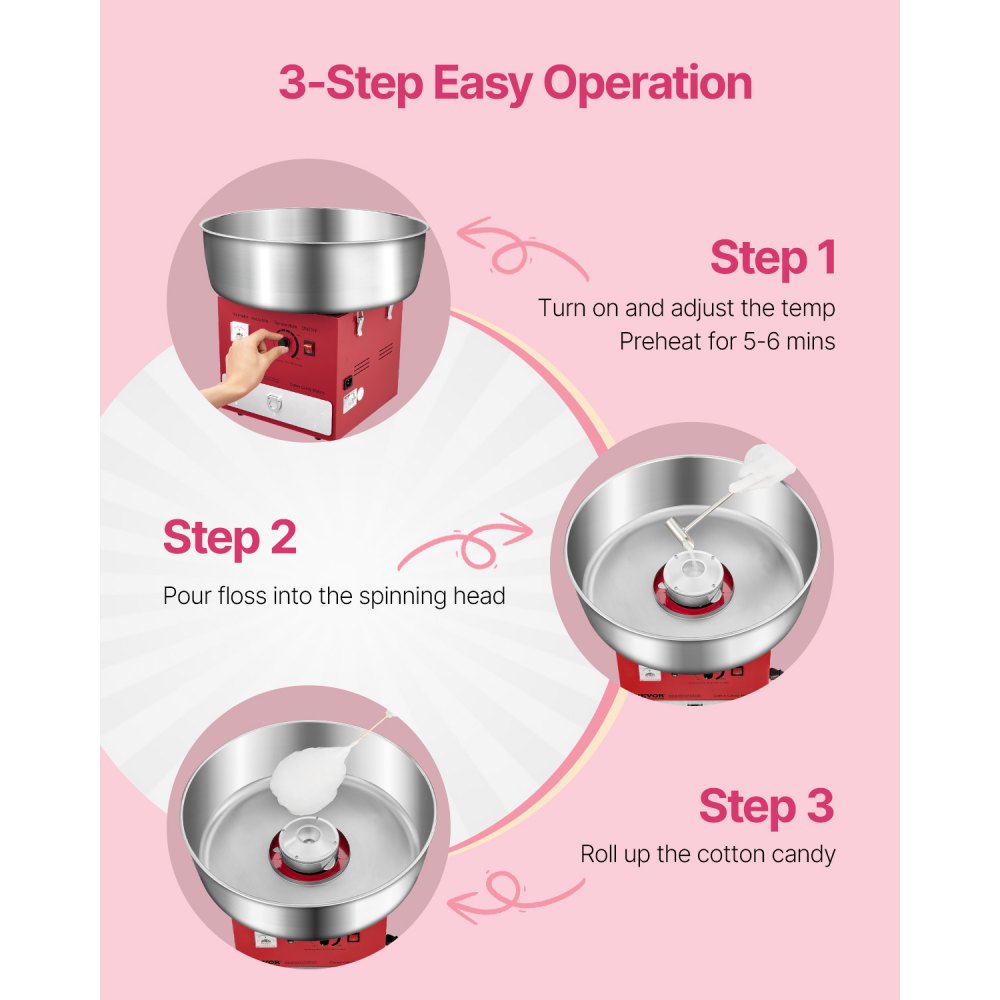 VEVOR Commercial Cotton Candy Machine Sugar Floss Maker 1000W for Party Red