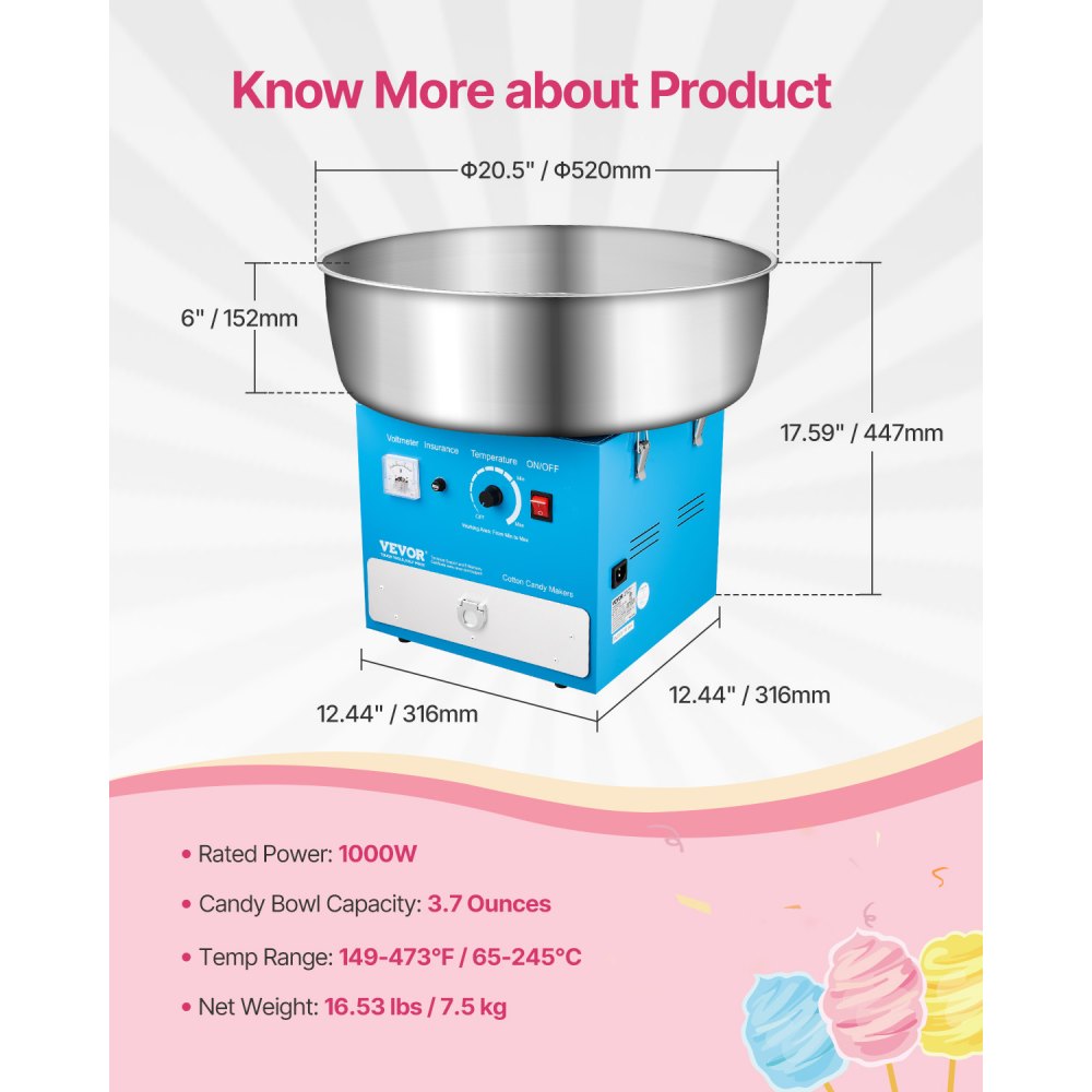 VEVOR Commercial Cotton Candy Machine Sugar Floss Maker 1000W for Party Blue