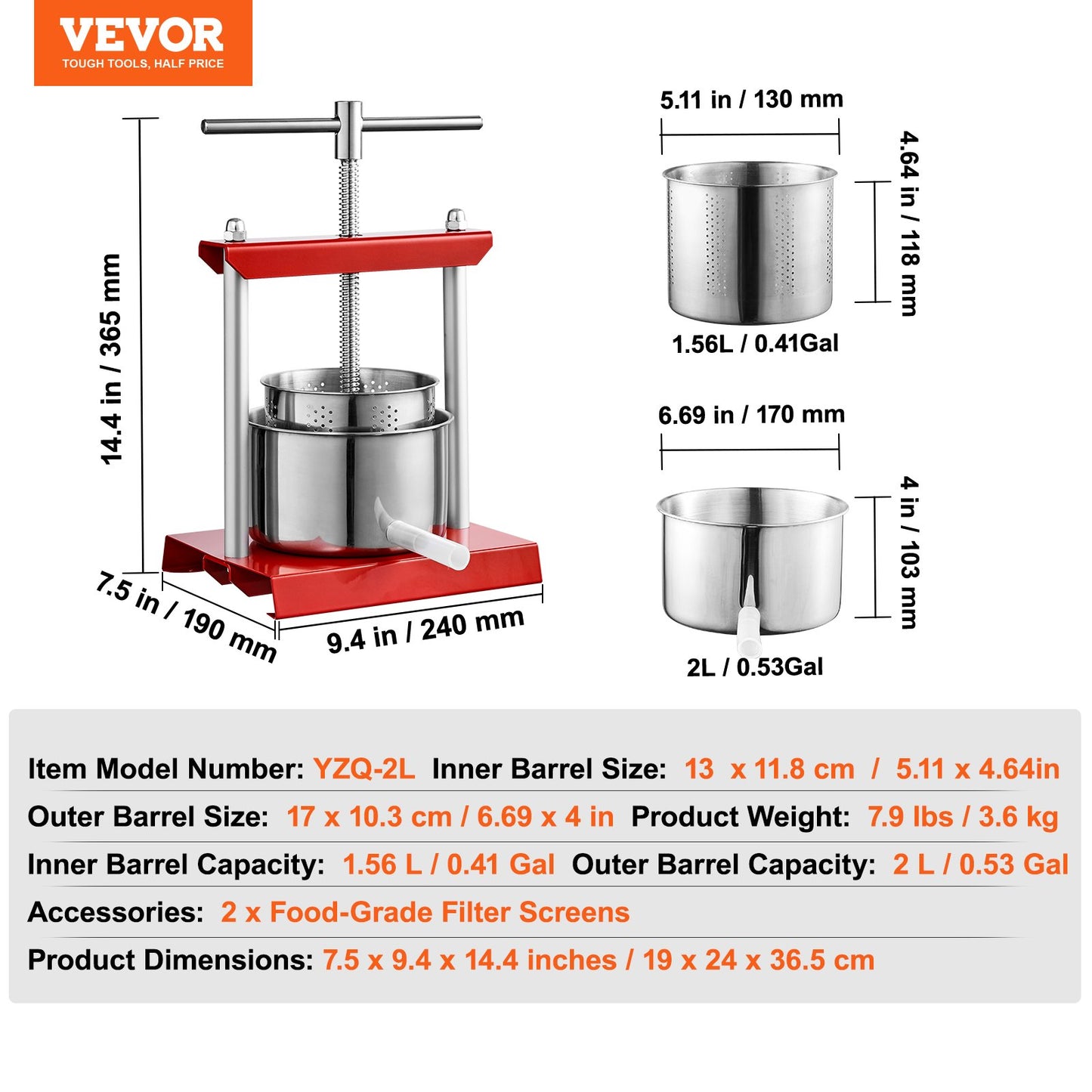 VEVOR Fruit Wine Press, 0.53 Gallon/2L, 2 Stainless Steel Barrels, Manual Juice