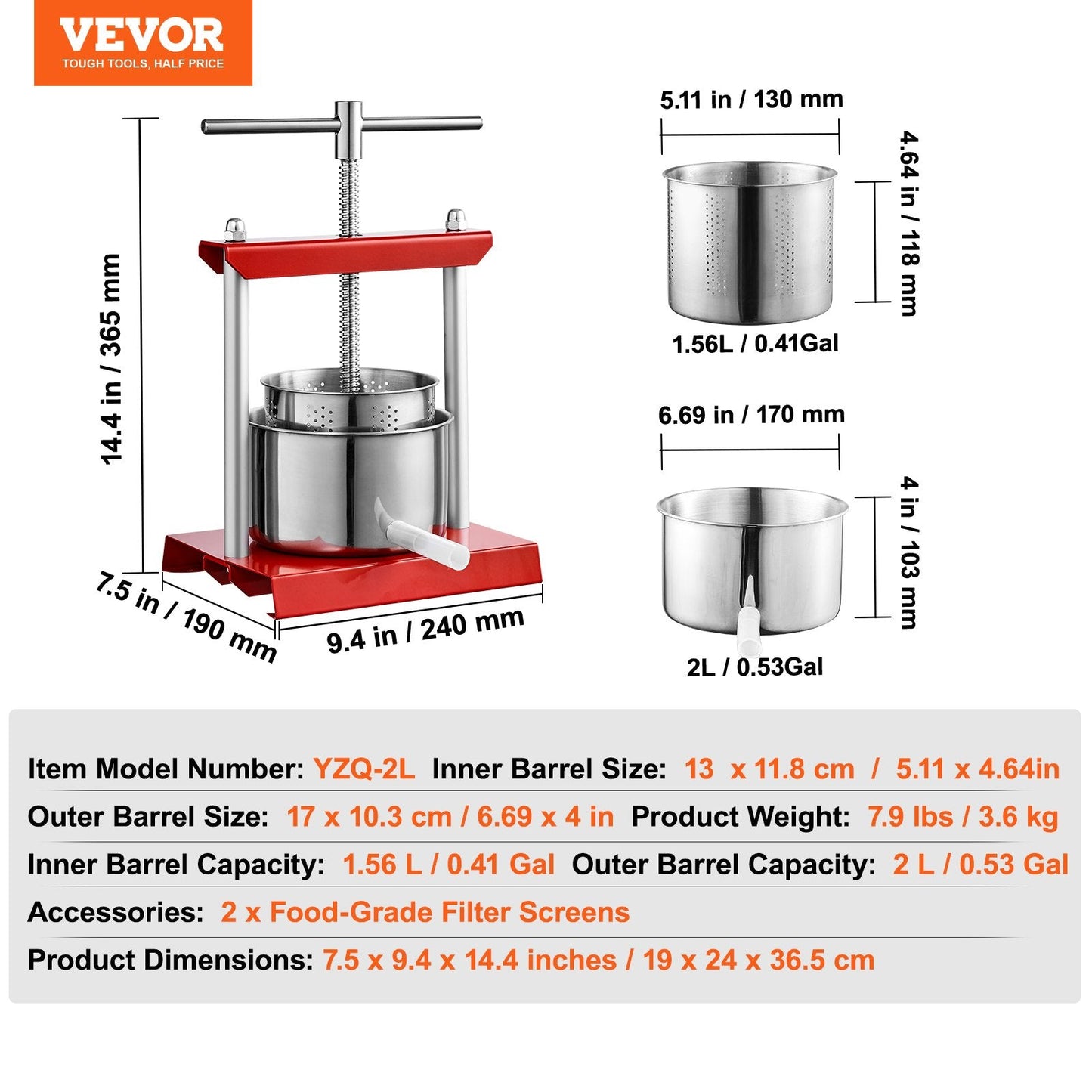 Manual Fruit Wine Press, 2L Capacity, Stainless Steel Barrels, Easy Squeeze Juicer