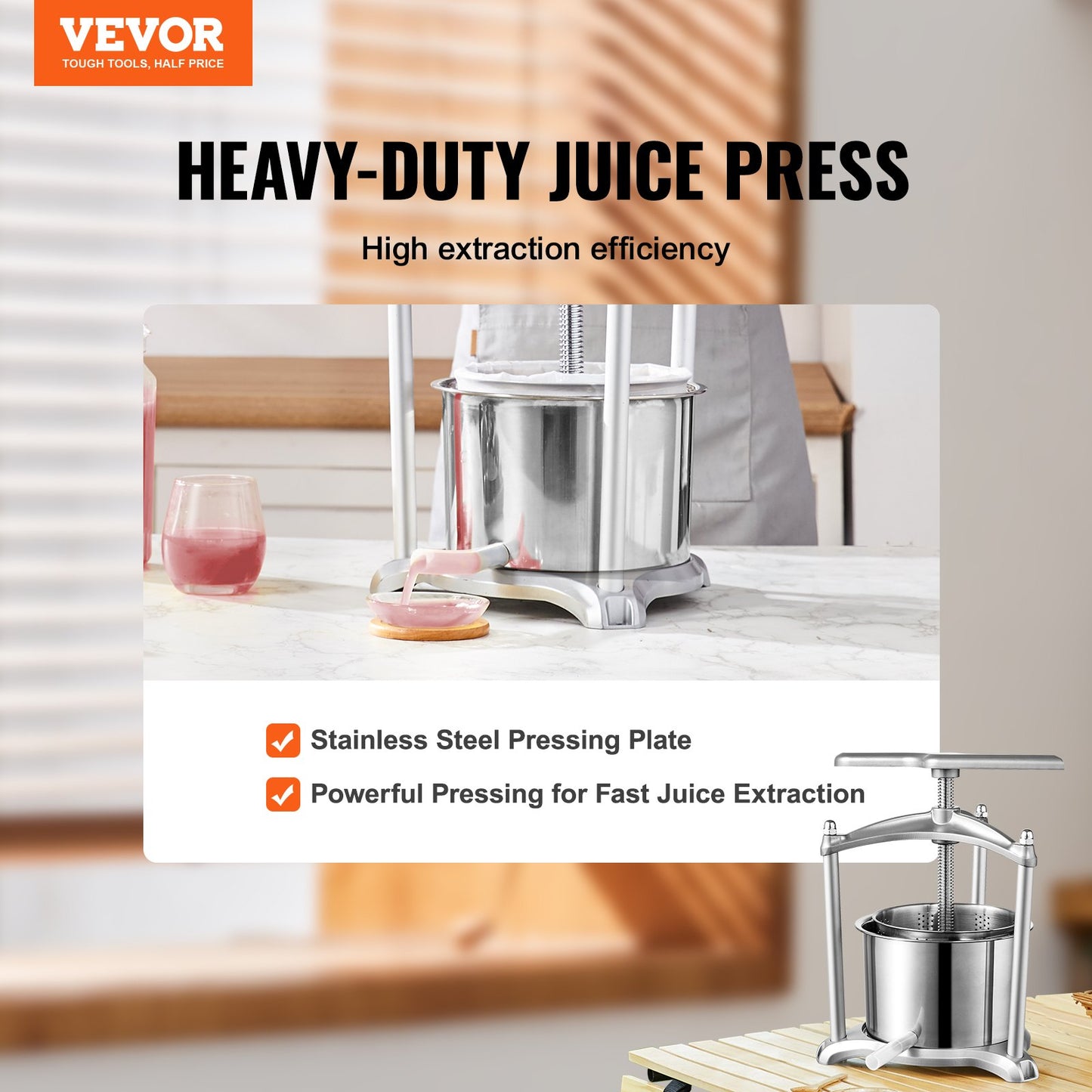 VEVOR Fruit Wine Press, 1.6 Gallon/6L, 2 Stainless Steel Barrels, Manual Juice Maker,