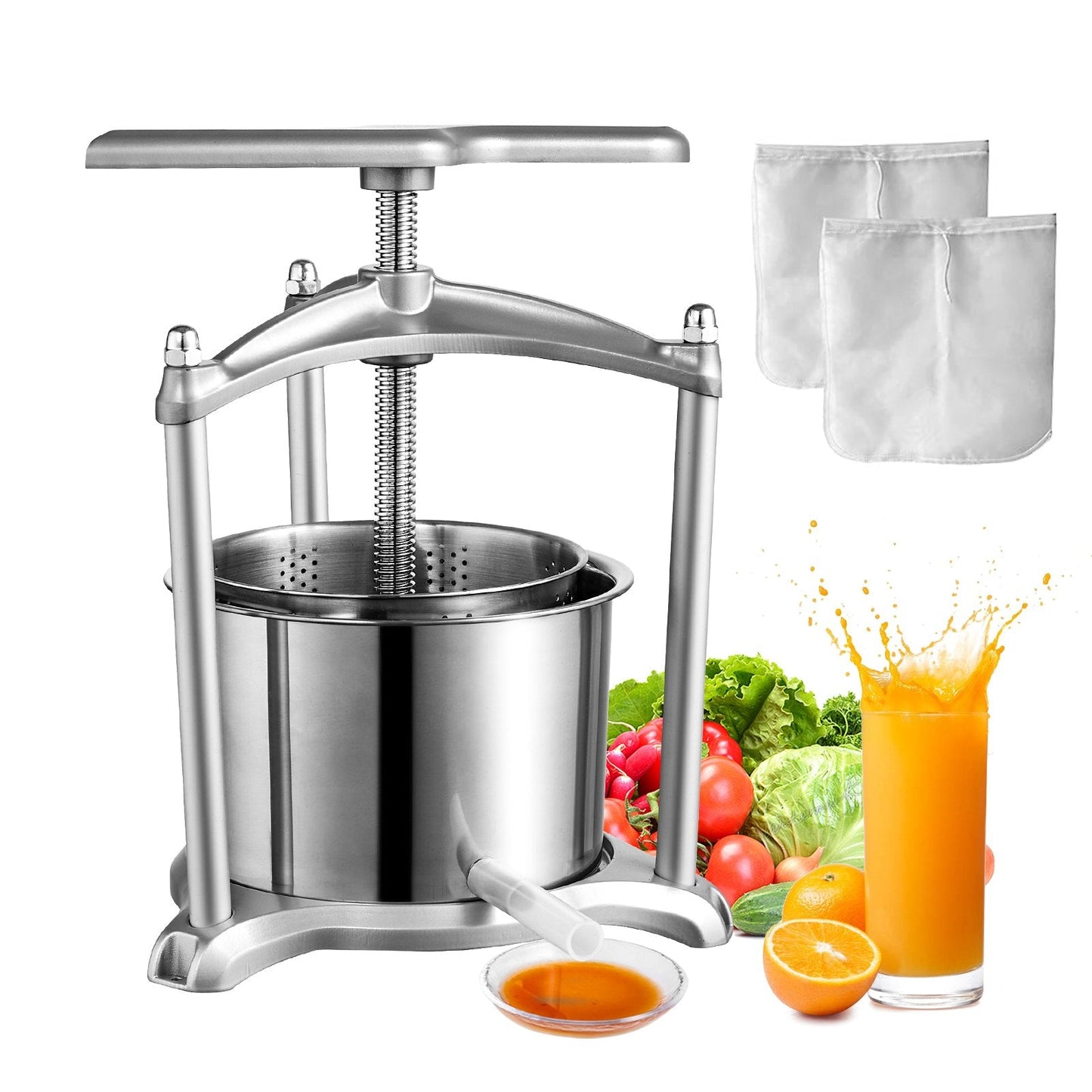 Manual Fruit Wine Press, 6L Capacity, Stainless Steel Barrels for Juicing & More