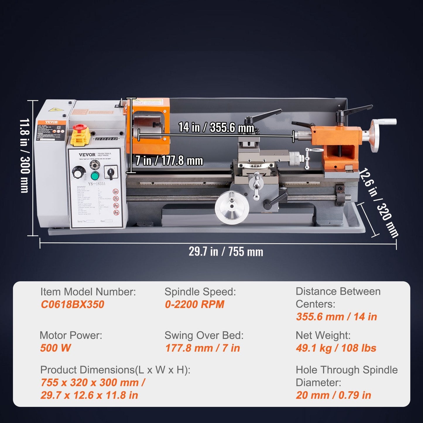 Precision Benchtop Metal Lathe, 0.18m x 0.35m, 500W, 0-2200 RPM Variable Speed