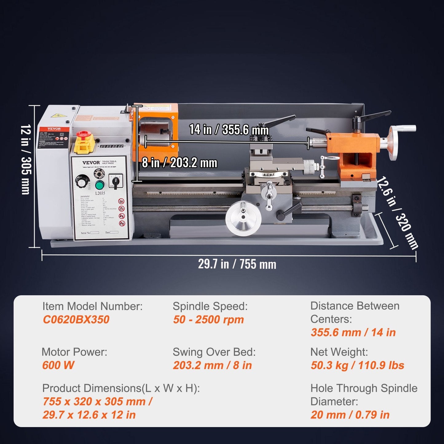 Precision Metal Lathe, 0.2 m x 0.35 m, 600W, Variable Speed 50-2500 RPM