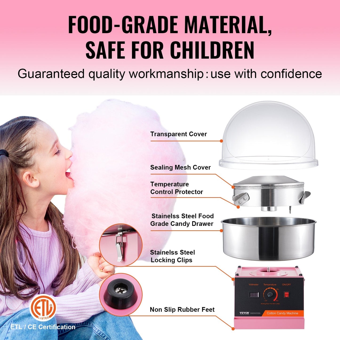Electric Candy Floss Maker, 1000W, Stainless Steel Bowl, Pink, 7.73 kg