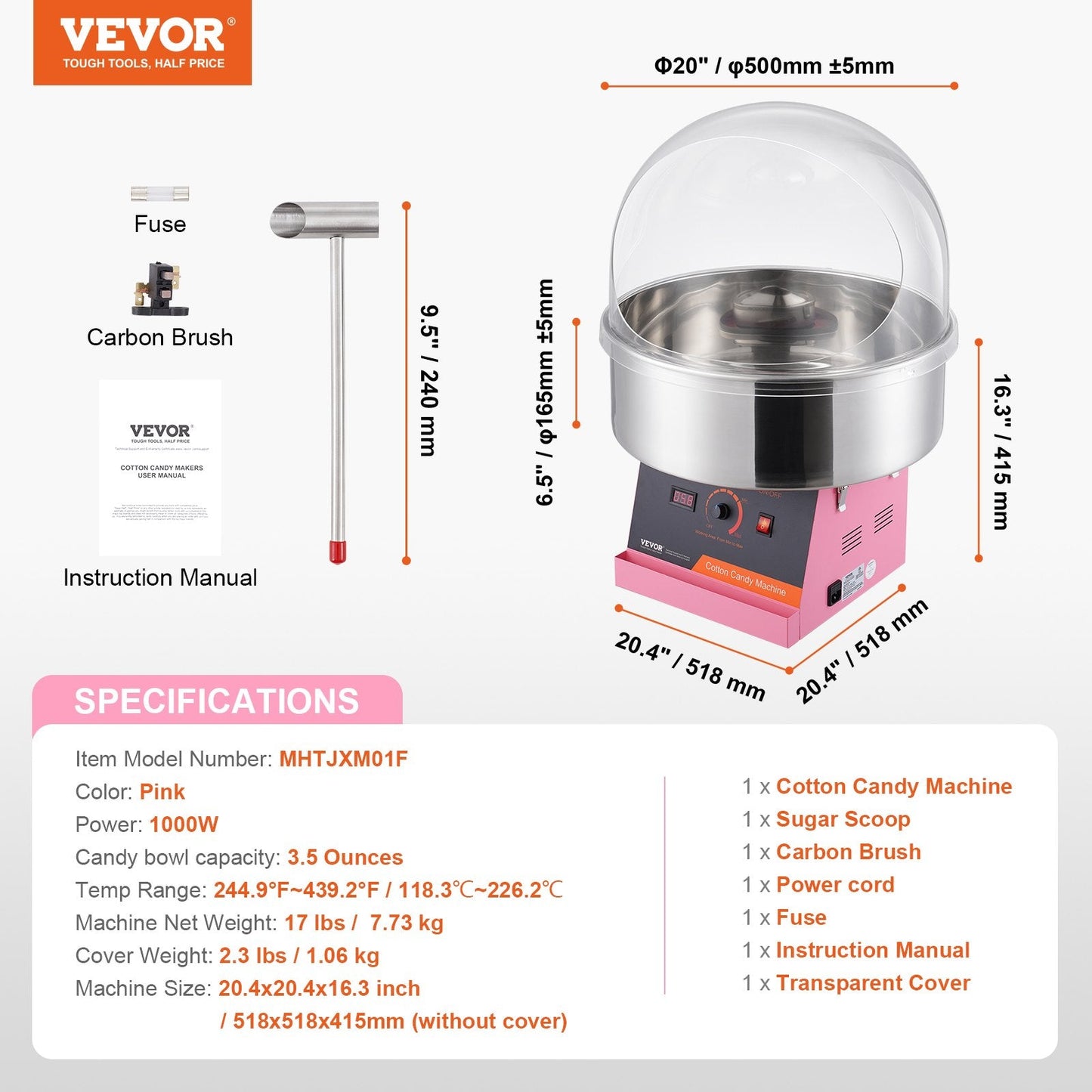 Electric Candy Floss Maker, 1000W, Stainless Steel Bowl, Pink, 7.73 kg
