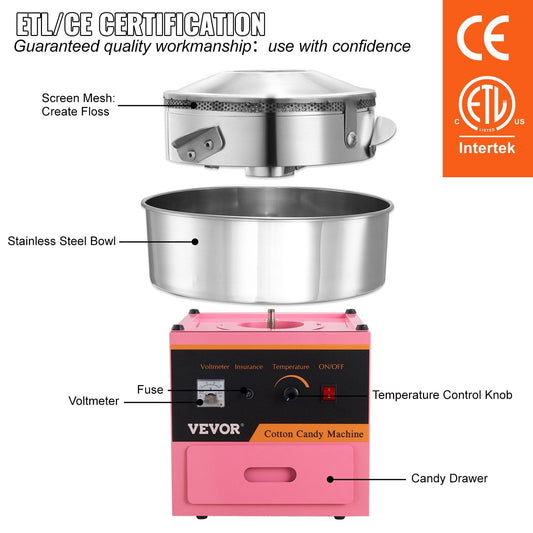 Commercial Pink Cotton Candy Maker, 1000W, High Yield, Easy Operation