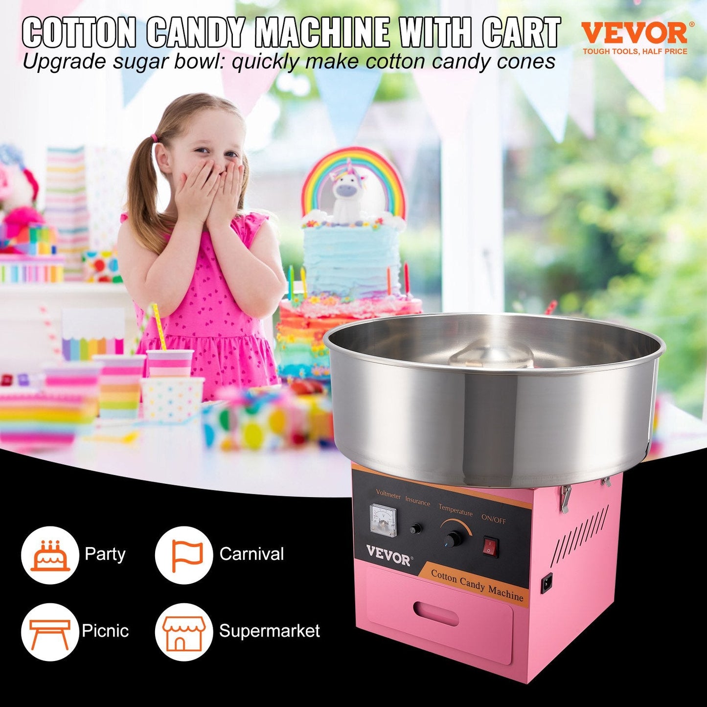 Commercial Pink Cotton Candy Maker, 1000W, High Yield, Easy Operation