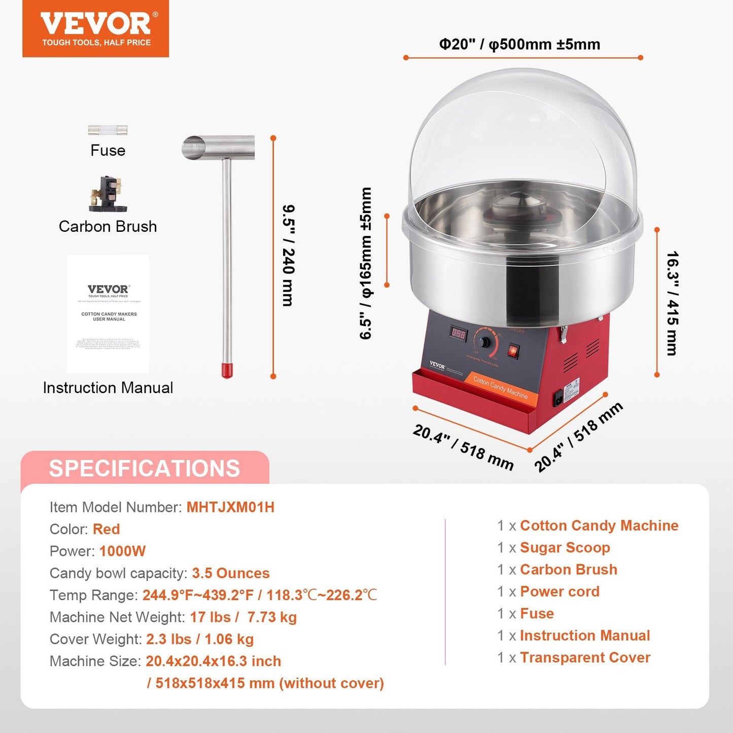 Electric Candy Floss Maker, 1000W, Stainless Steel Bowl, Red, 7.73 kg