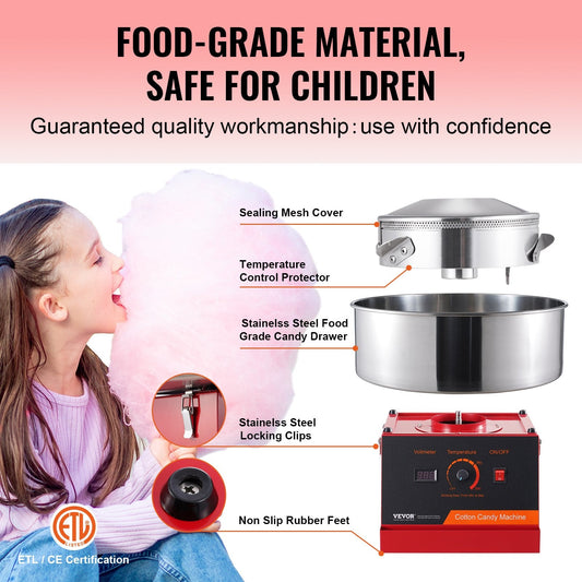 Electric Cotton Candy Maker, 1000W with Stainless Steel Bowl, Red