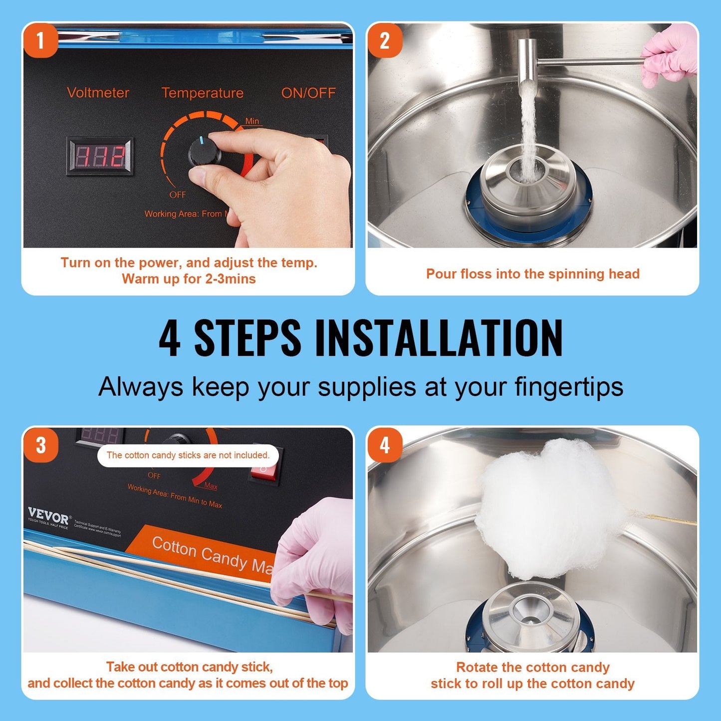 Electric Cotton Candy Maker, 1000W, Stainless Steel, Blue, for Parties & Events