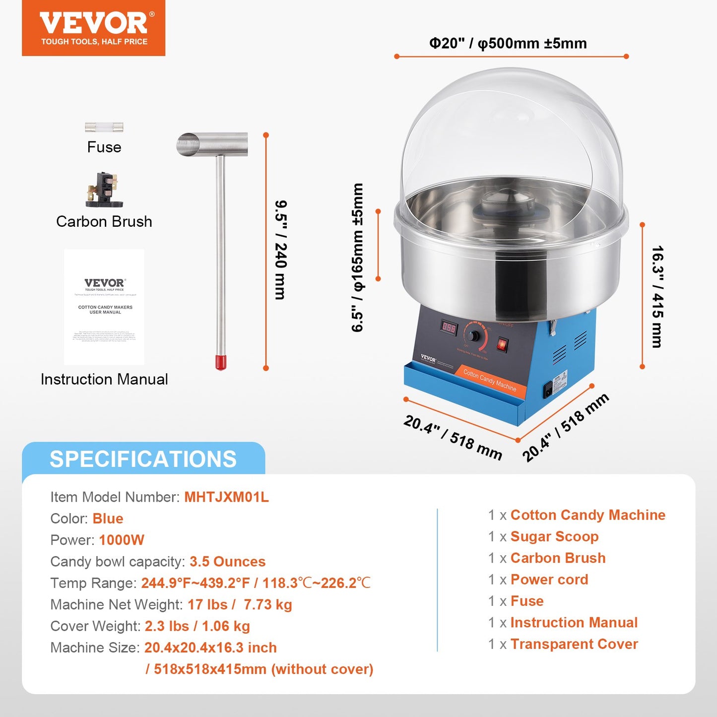 VEVOR Electric Cotton Candy Machine, 1000W Candy Floss Maker, Commercial Cotton