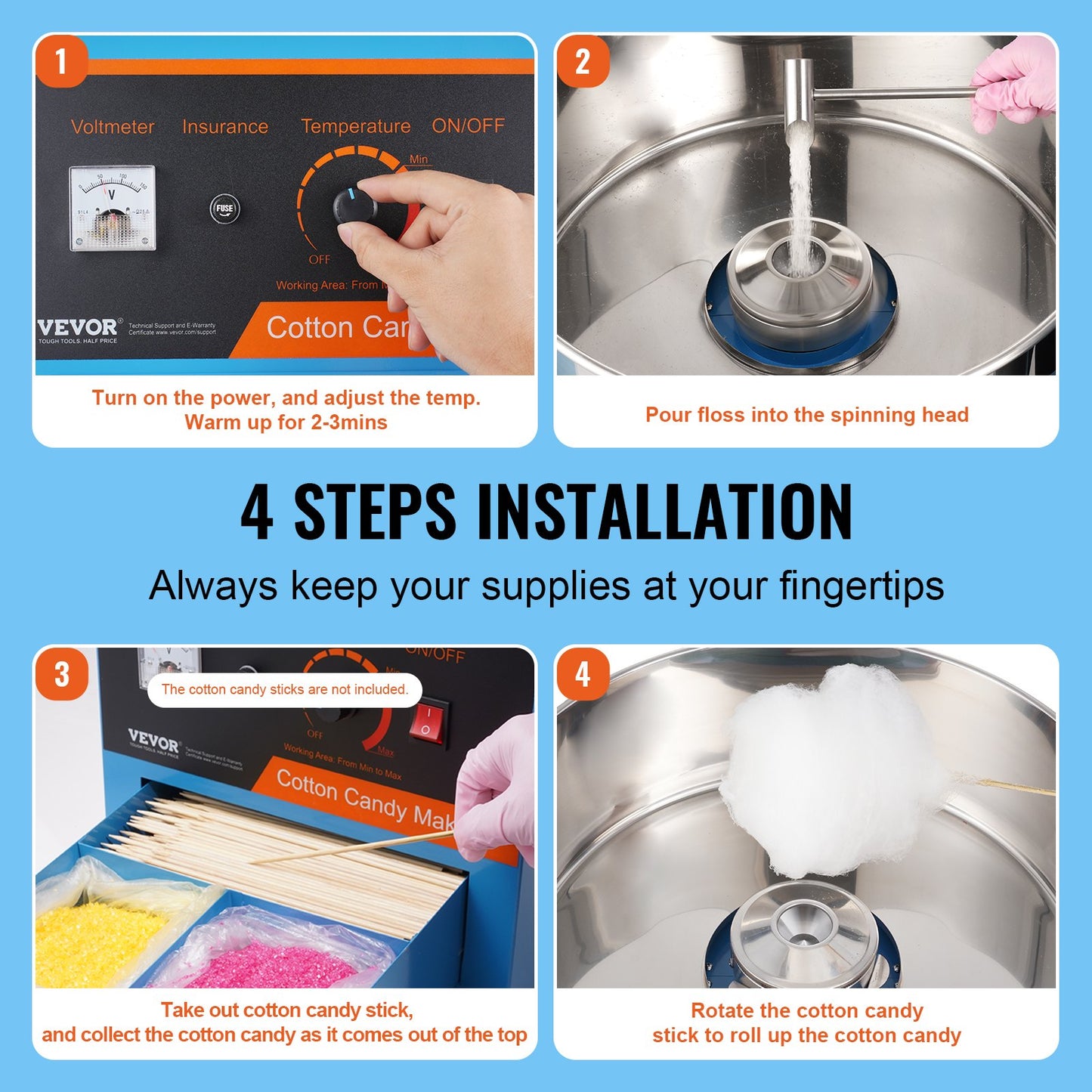 VEVOR Electric Cotton Candy Machine, 1000W Candy Floss Maker, Commercial Cotton