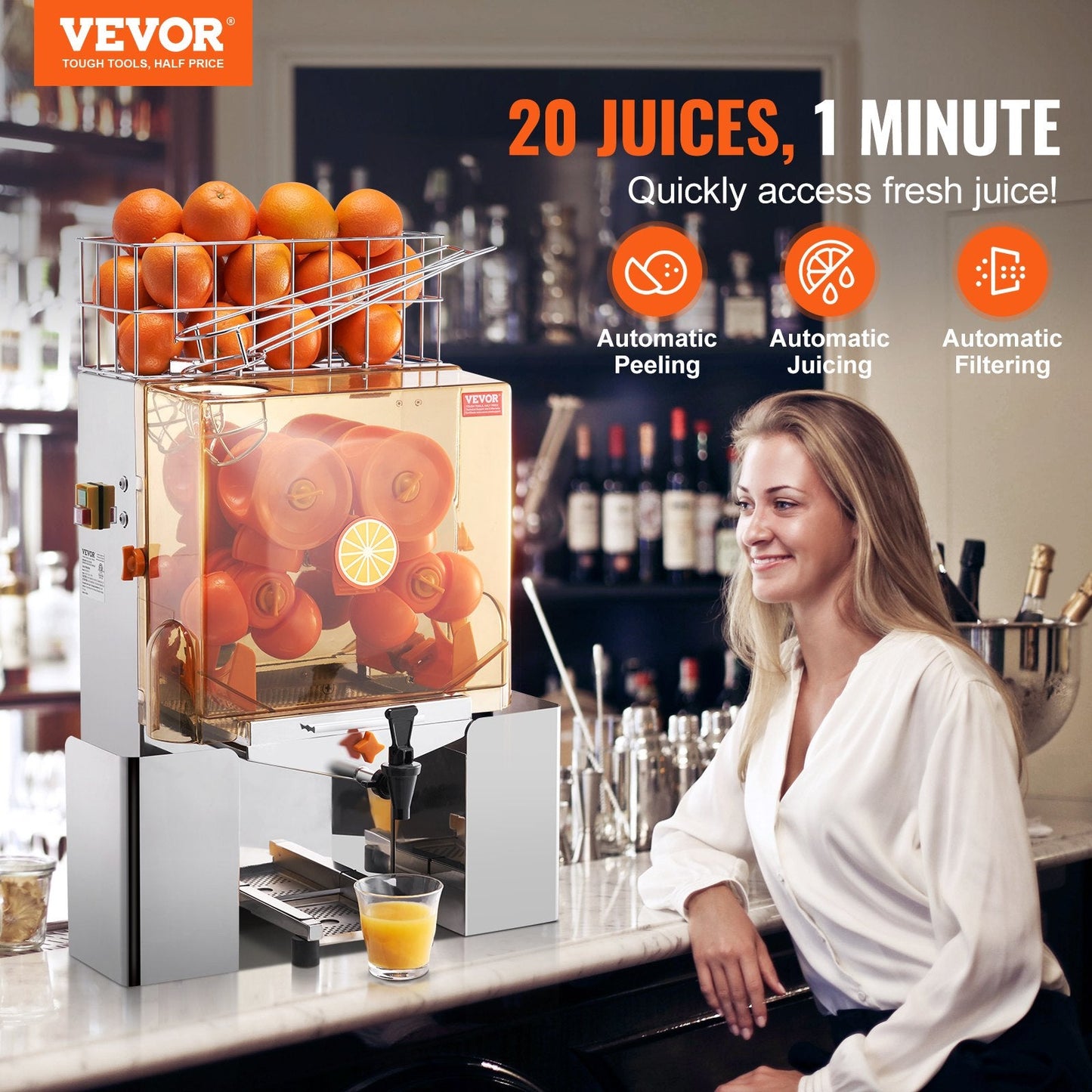 Commercial 120W Orange Juicer, 20 Oranges/Min, Stainless Steel, 450x425x780 mm