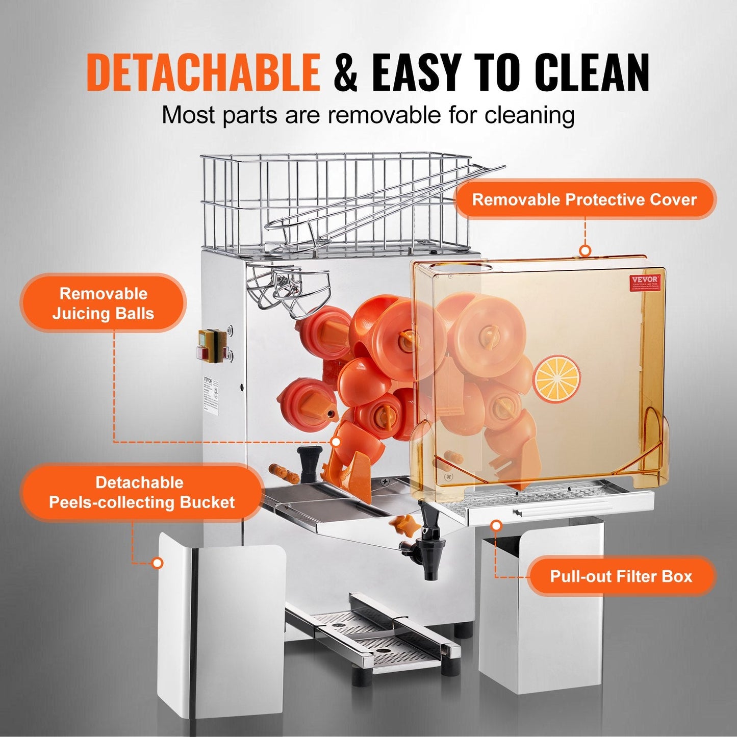 Commercial 120W Orange Juicer, 20 Oranges/Min, Stainless Steel, 450x425x780 mm