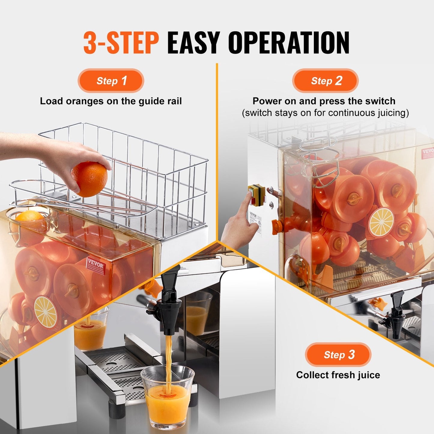 Commercial 120W Orange Juicer, 20 Oranges/Min, Stainless Steel, 450x425x780 mm