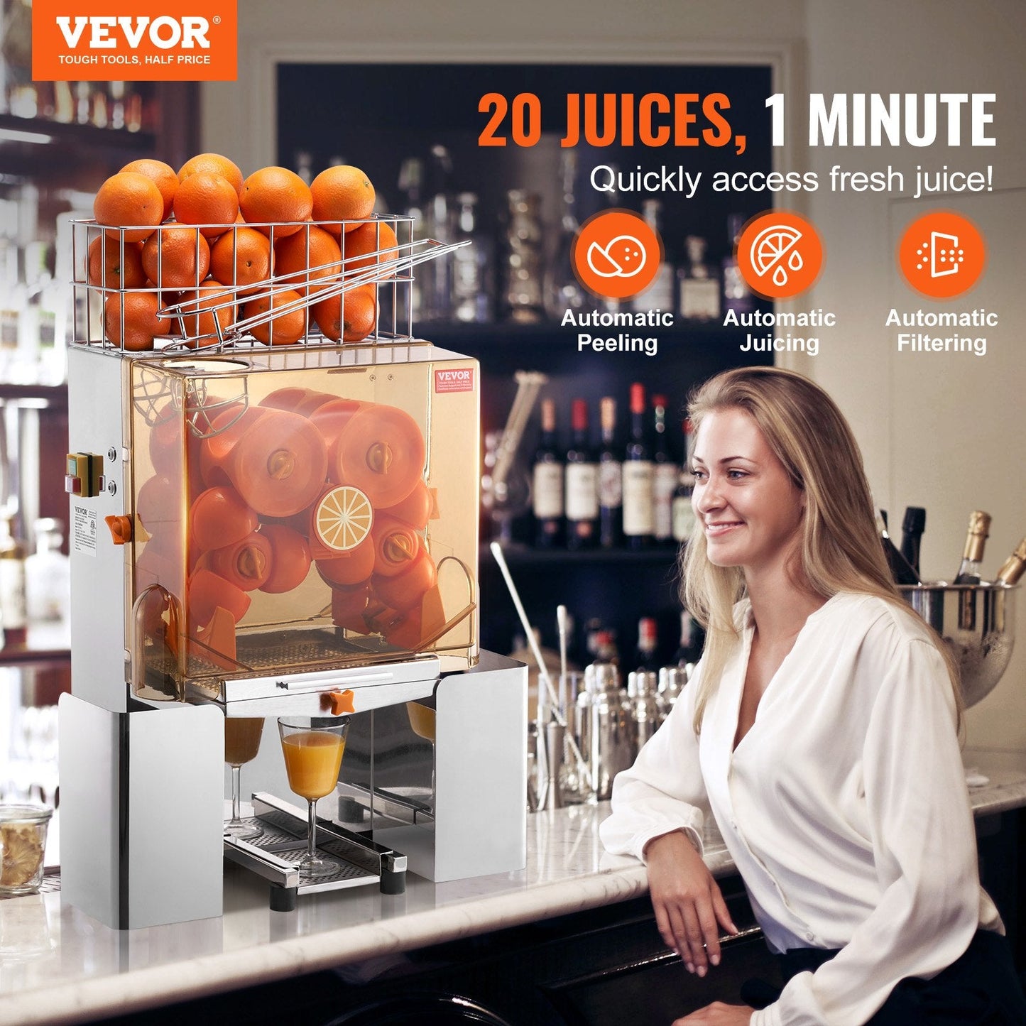 Commercial 120W Stainless Steel Orange Juicer, 20 Oranges/Min, 40 kg