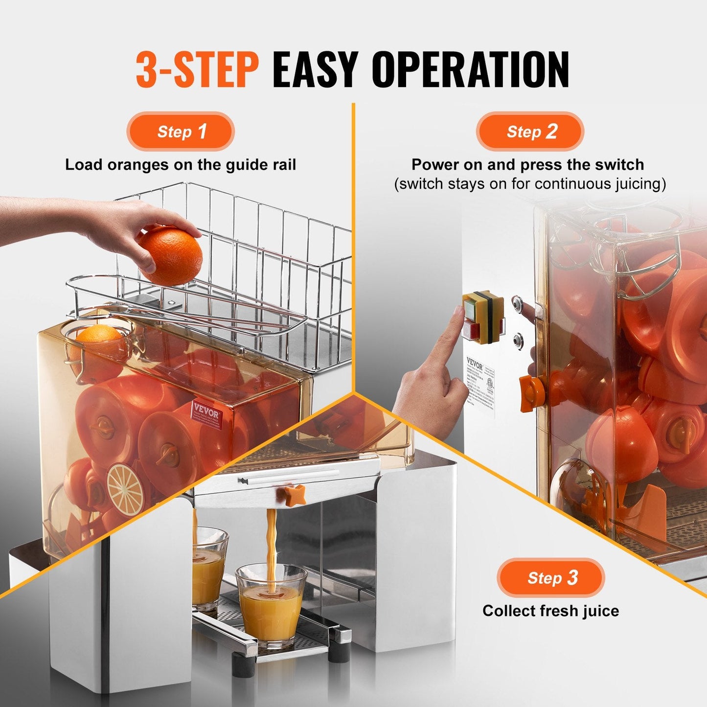 Commercial 120W Stainless Steel Orange Juicer, 20 Oranges/Min, 40 kg