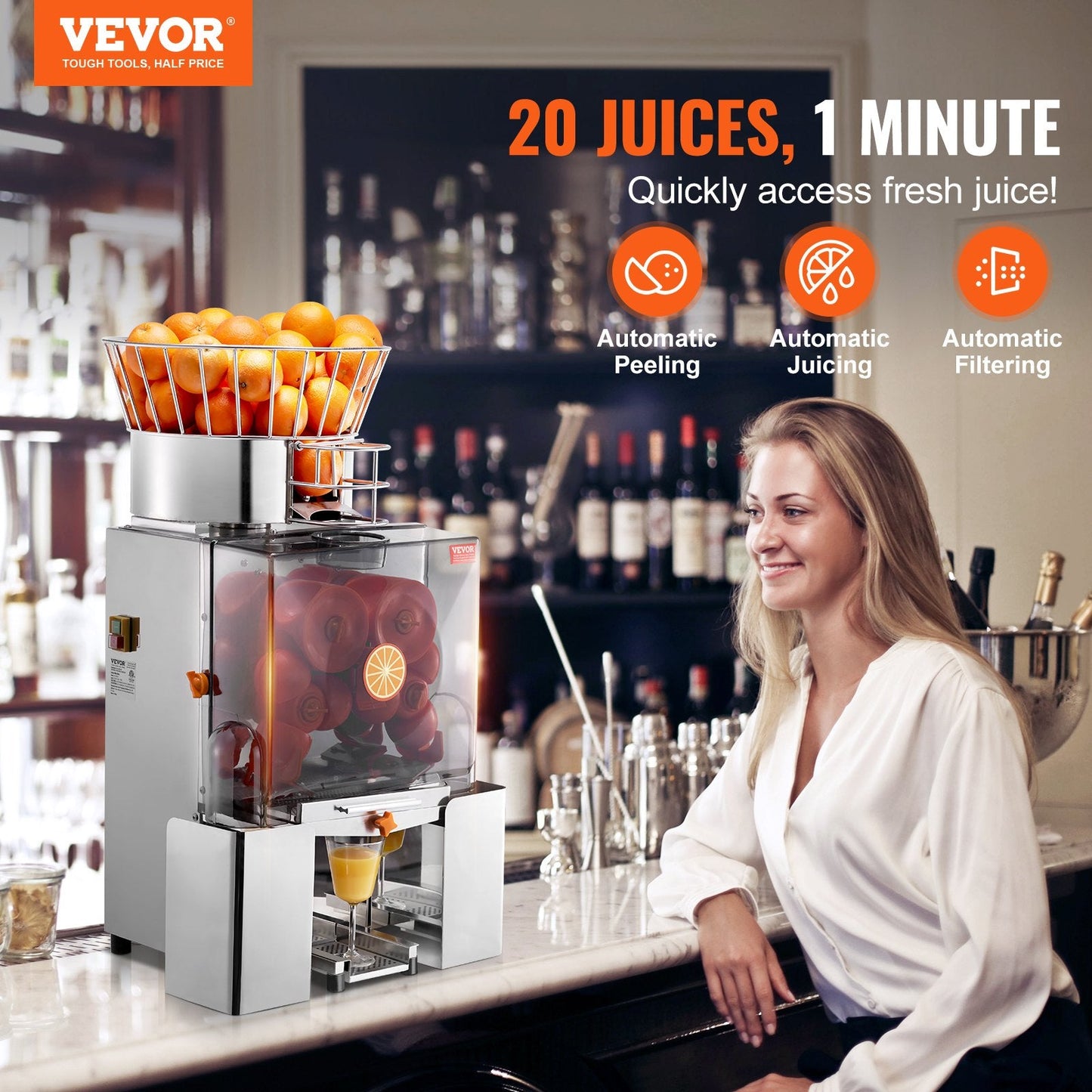 Commercial 120W Stainless Steel Orange Juicer, 25 Oranges/Min, 55kg, 0.9m Tall