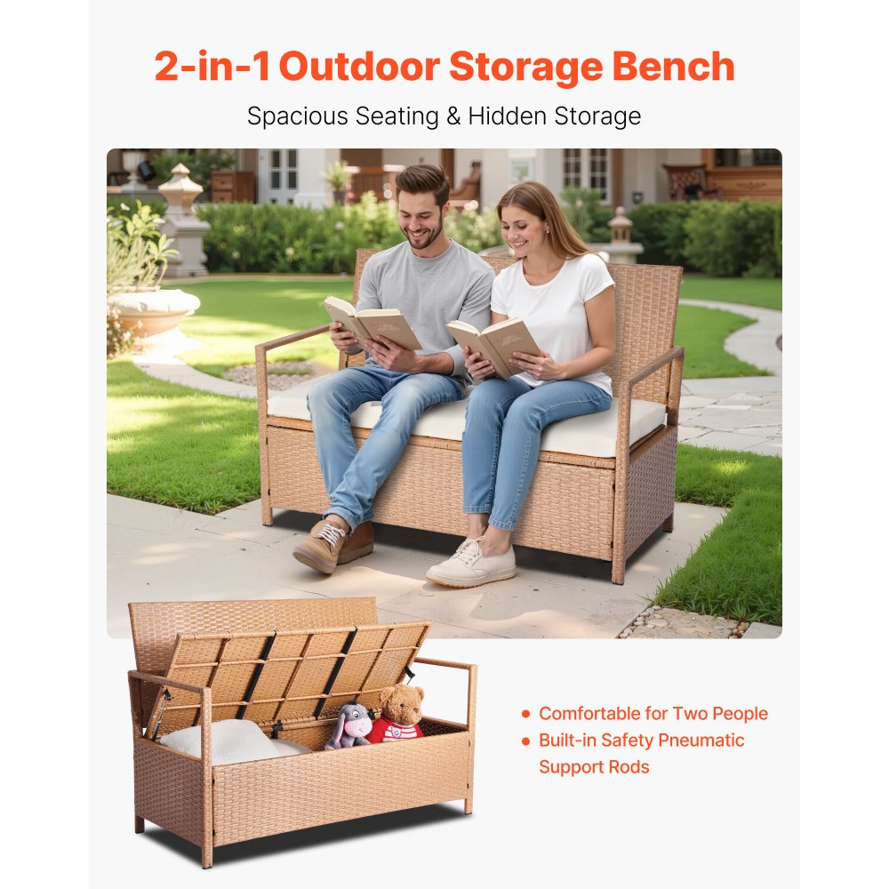 VEVOR Outdoor Storage Bench PE Rattan 265L Deck Box Waterproof Outdoor Seat