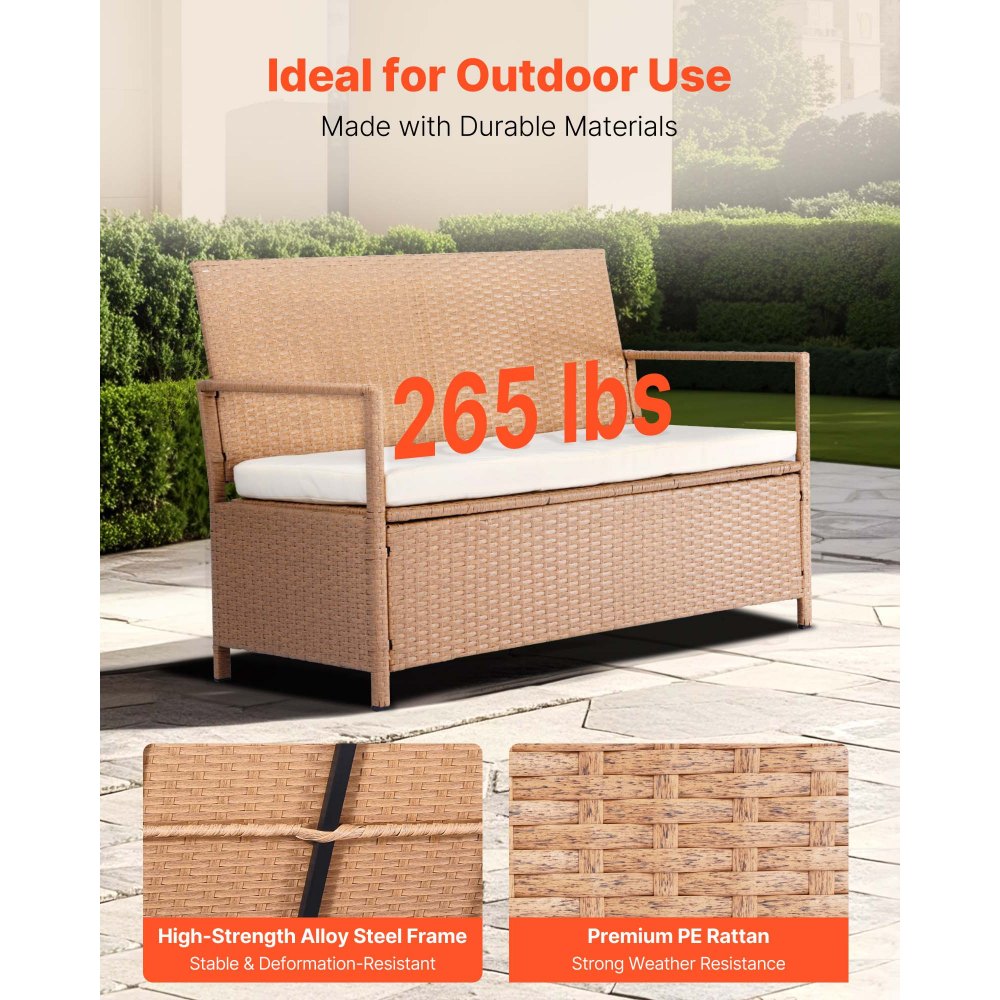 VEVOR Outdoor Storage Bench PE Rattan 265L Deck Box Waterproof Outdoor Seat