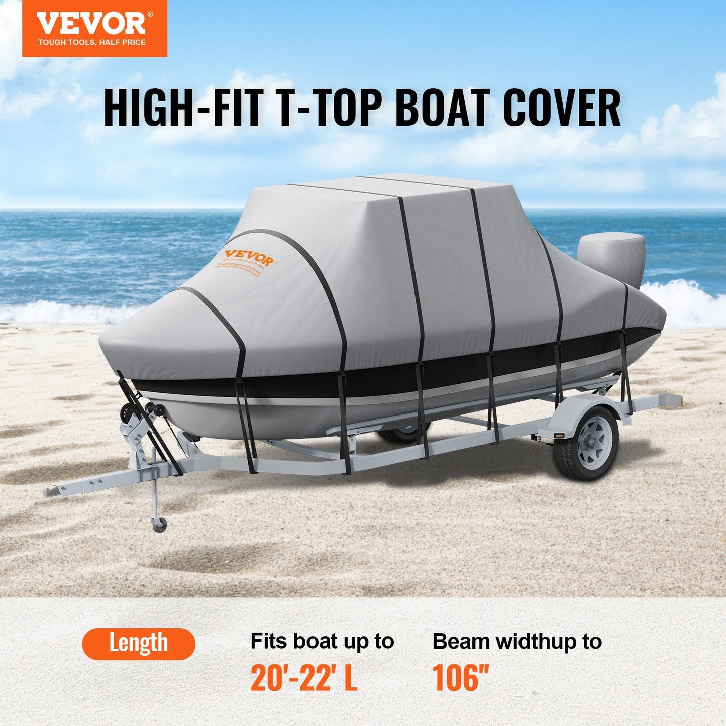 Waterproof T-Top Boat Cover for 6-6.7m Boats, 600D Oxford, Grey, with Straps