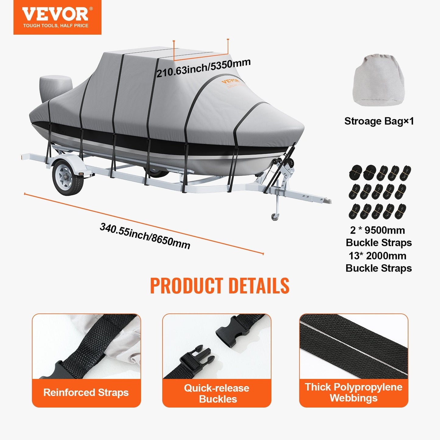 Waterproof T-Top Boat Cover for 6-6.7m Boats, 600D Oxford, Grey, with Straps