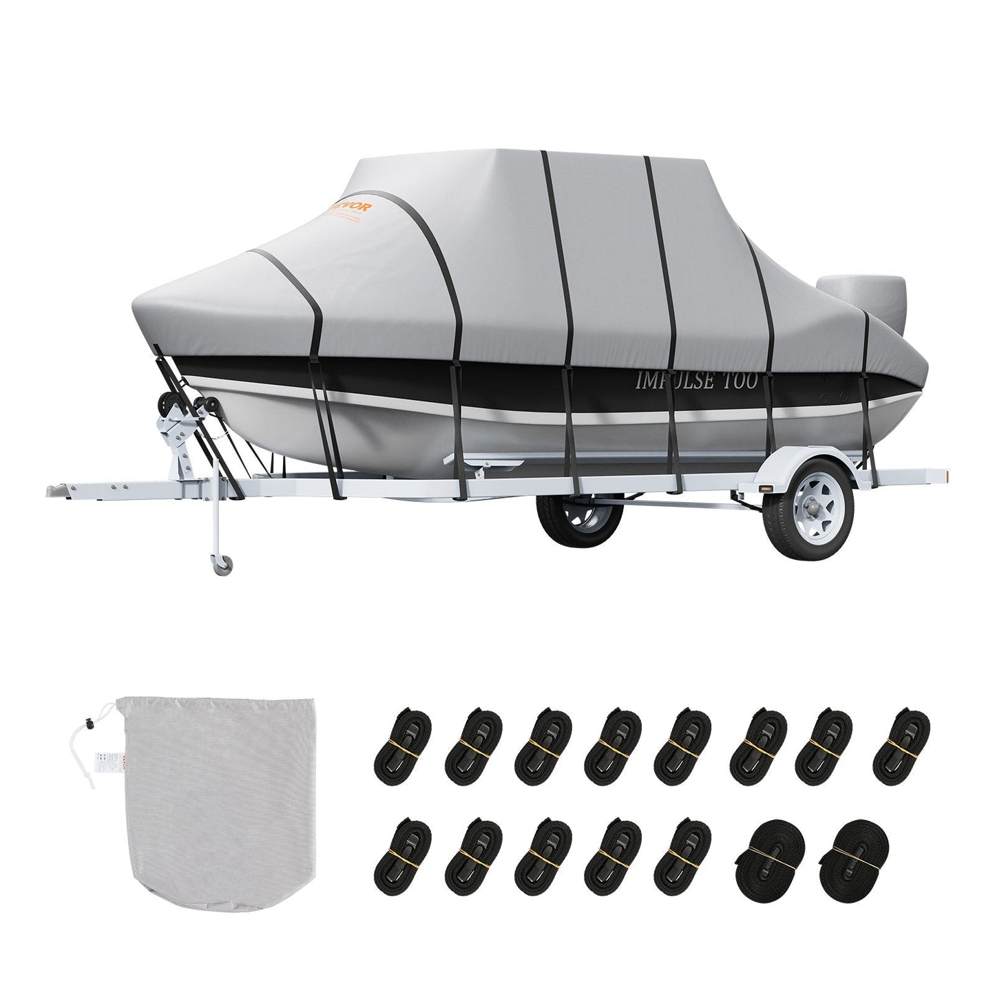 Waterproof T-Top Boat Cover for 6-6.7m Boats, 600D Oxford, Grey, with Straps