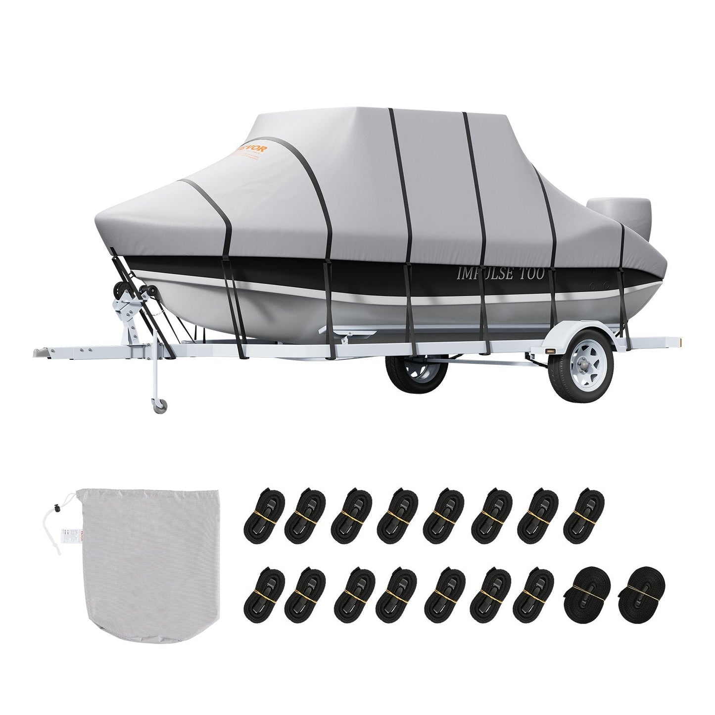 Waterproof 7.3-7.9m T-Top Boat Cover with Windproof Straps, Grey, 600D Oxford