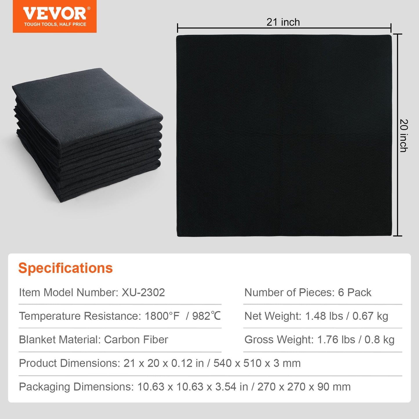 Flame Retardant Carbon Fiber Welding Blankets, 540 x 510 mm, 1800°F, Set of 6