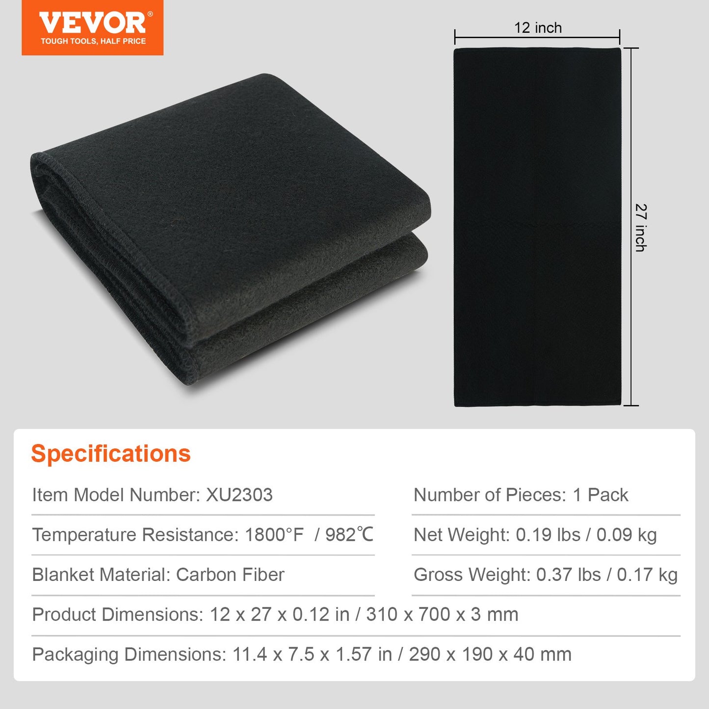 VEVOR Carbon Felt Welding Blanket, 27" x 12" Flame Retardant Welding Blankets, Up