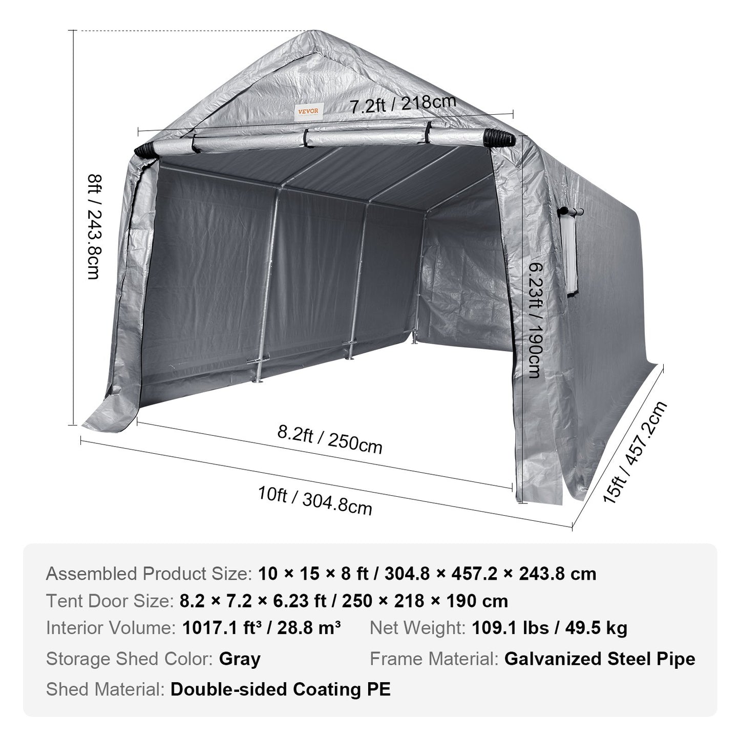 VEVOR Outdoor Portable Storage Shelter Shed, 3.05x4.57x2.44m Heavy Duty All-Season