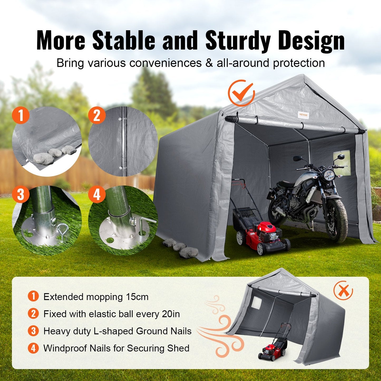 Portable Storage Shelter Garage Shed with Zipper Door, 2.13 x 3.66 x 2.24 m