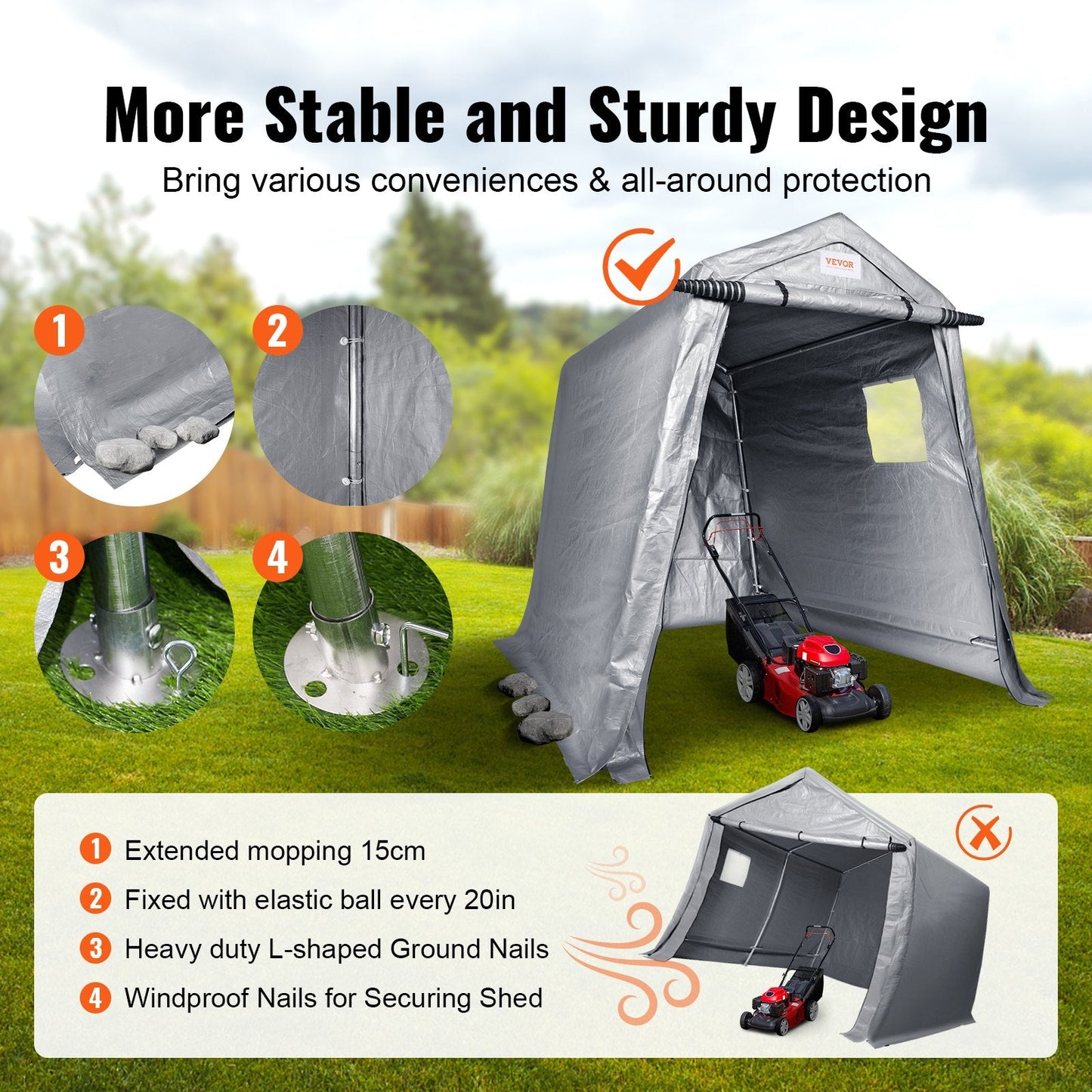 Portable Outdoor Storage Shed with Zipper Door - 1.8 x 2.4 x 2.1 m, Gray