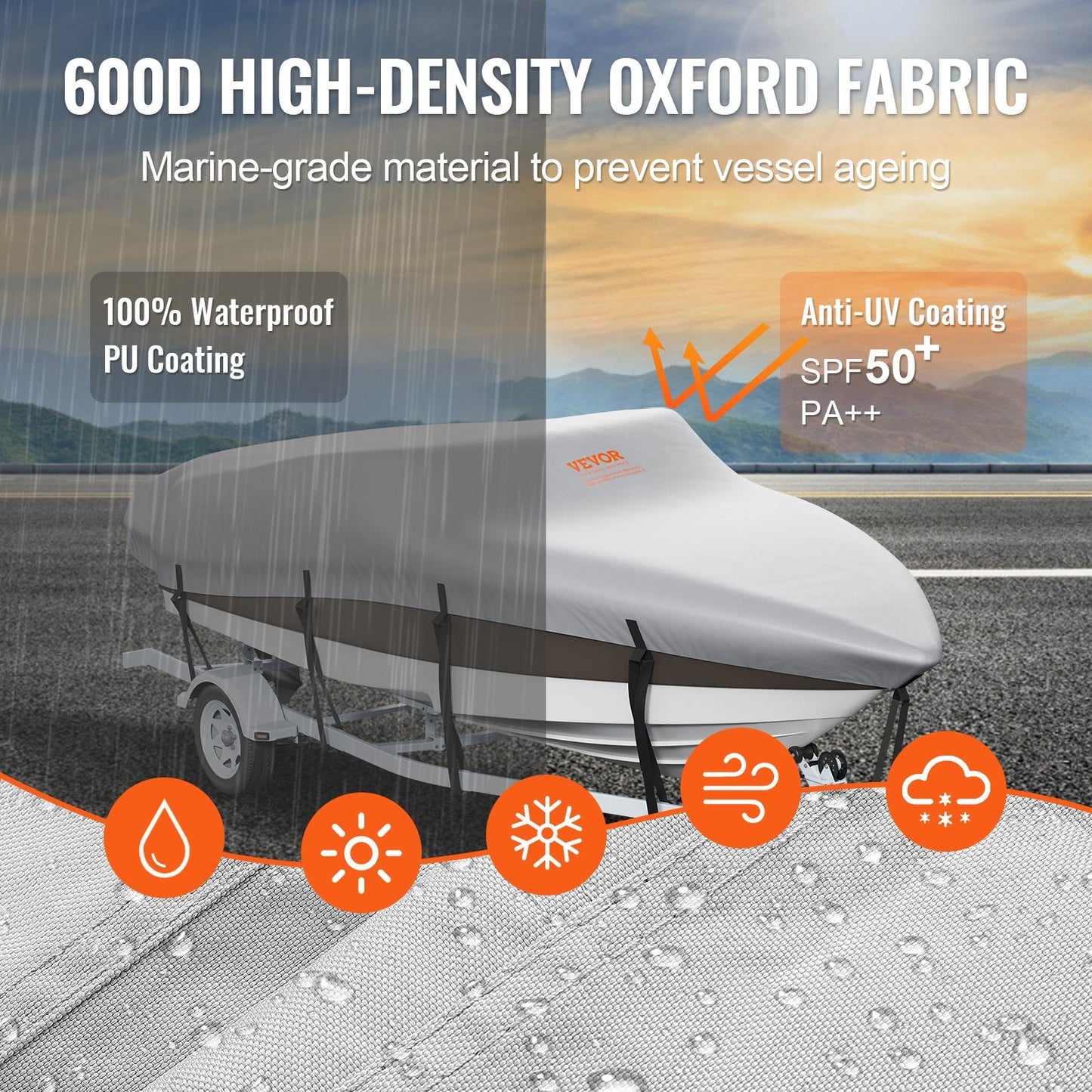 Waterproof 600D Oxford Boat Cover for 4.26-4.8m V-Hull/Tri-Hull Boats, Grey