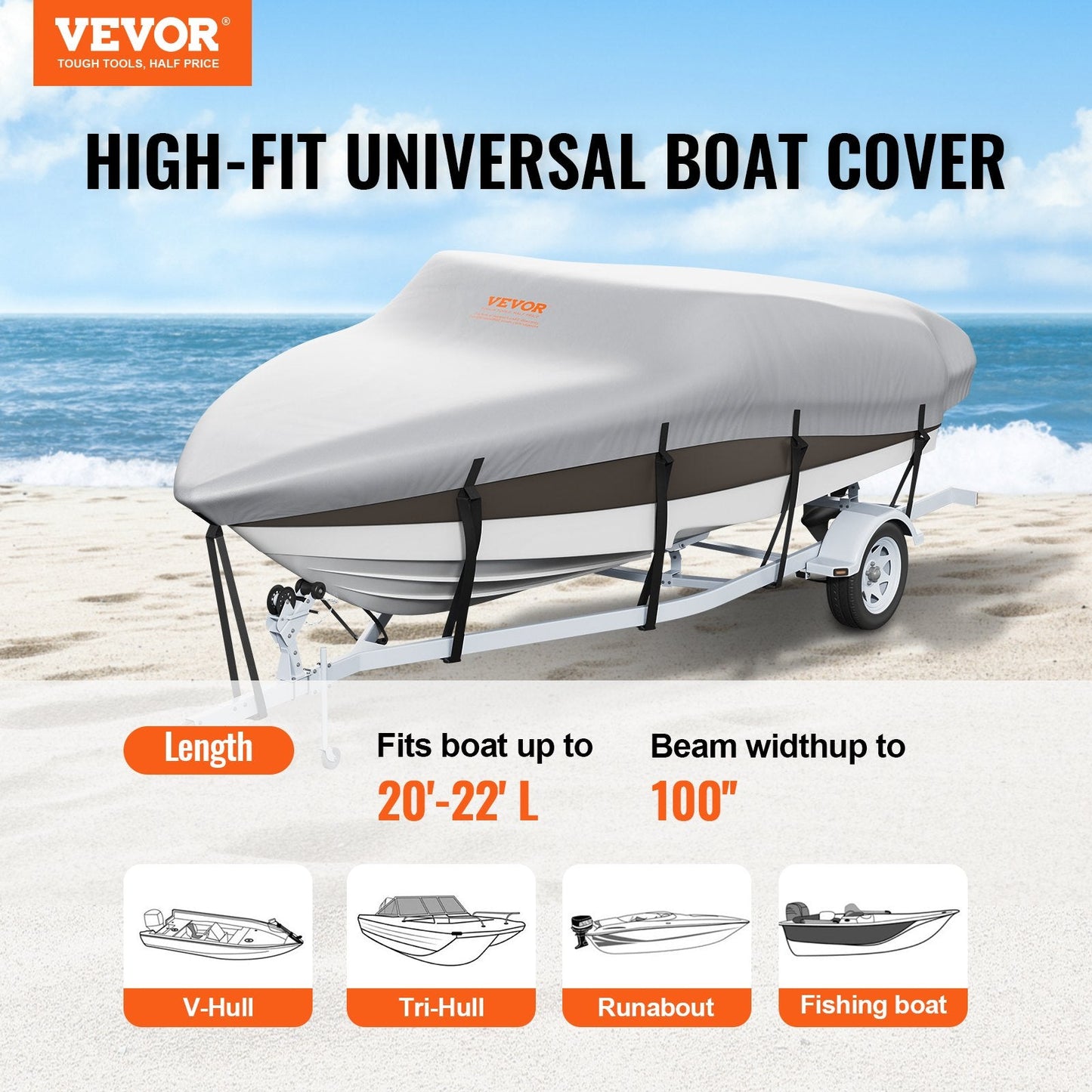 Durable 600D Waterproof Boat Cover for 6.1-6.7m V-Hull/Tri-Hull Runabouts