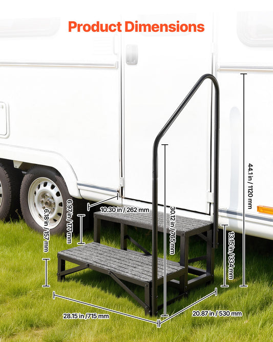 RV Steps with Handrail, 2 Steps, 300 kg Load Capacity, Heavy Duty Outdoor RV Stairs with Non-Slip Mat for Elderly and Pets, Portable Stairs for Hot Tub, Camper, Mobile Home, Porch, Pool, SPA