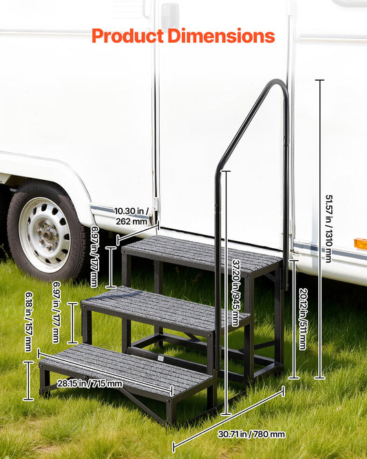 RV Steps with Handrail, 3 Steps, 300 kg Load Capacity, Heavy Duty Outdoor RV Stairs with Non-Slip Mat for Elderly and Pets, Portable Stairs for Hot Tub, Camper, Mobile Home, Porch, Pool, SPA