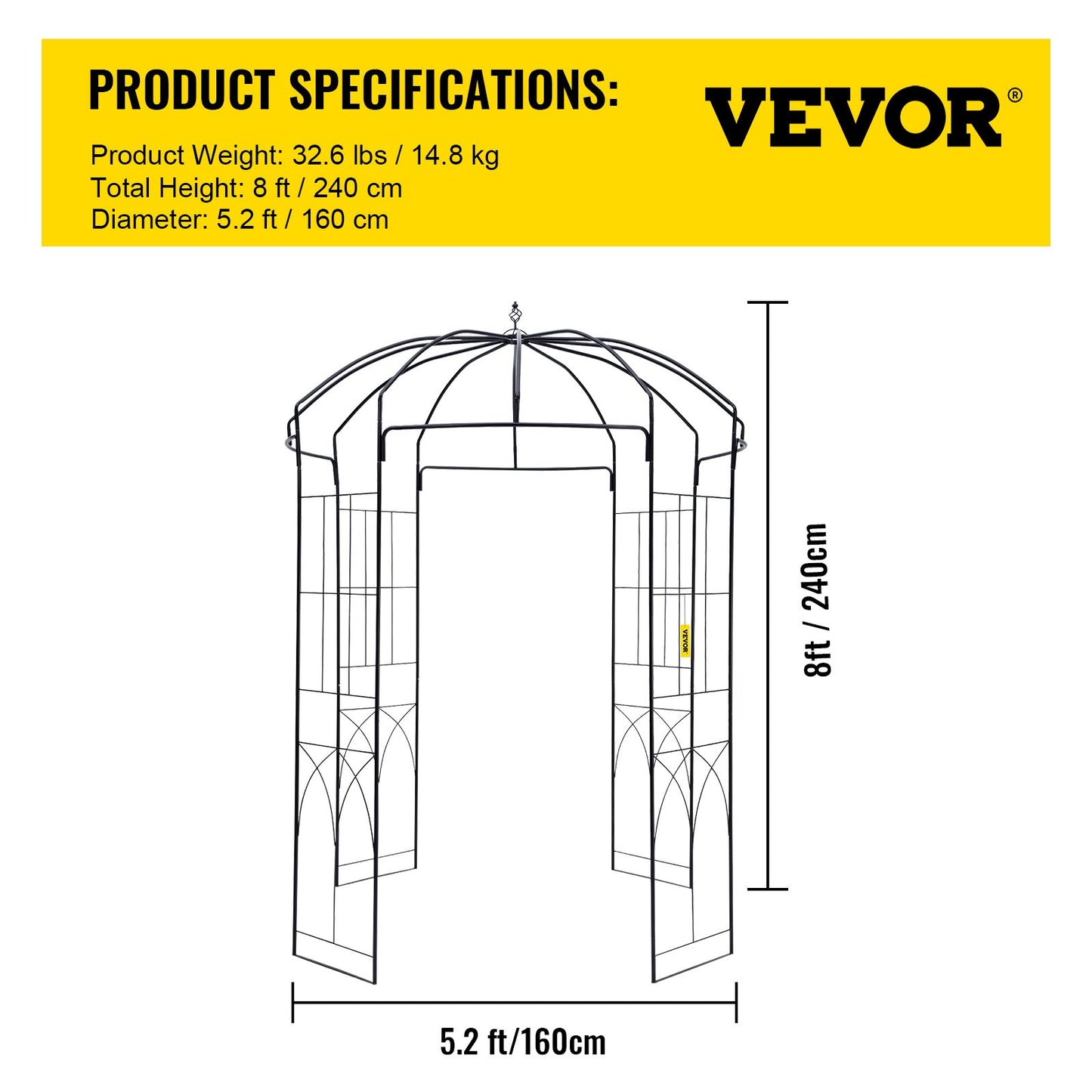 VEVOR Birdcage Shape Garden Arbor, 2.44m High, 1.59m Wide, Heavy Duty Wrought Iron