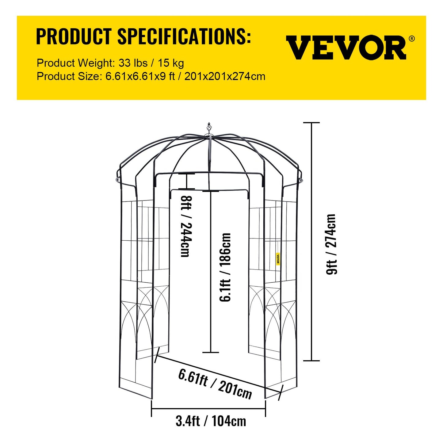 VEVOR Birdcage Shape Garden Arbor, 9\' High x 6.6\' Wide, Heavy Duty Wrought Iron