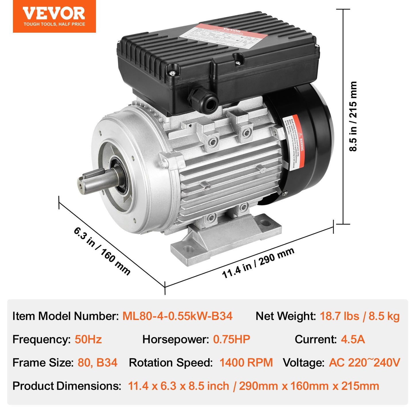 VEVOR 0.55KW Electric Motor 1400 rpm, AC 220~240V 4.5A, 80, B34 Frame, Air Compressor