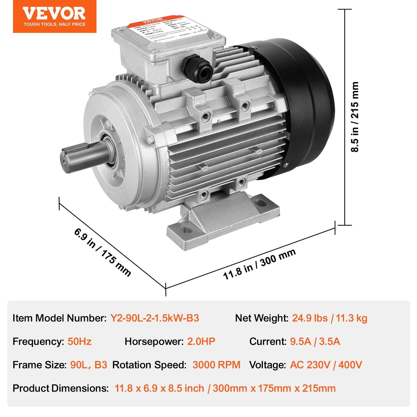 1.5KW 3-Phase AC Motor, 3000 RPM, 230/400V, 11.3 kg, Dual Rotation