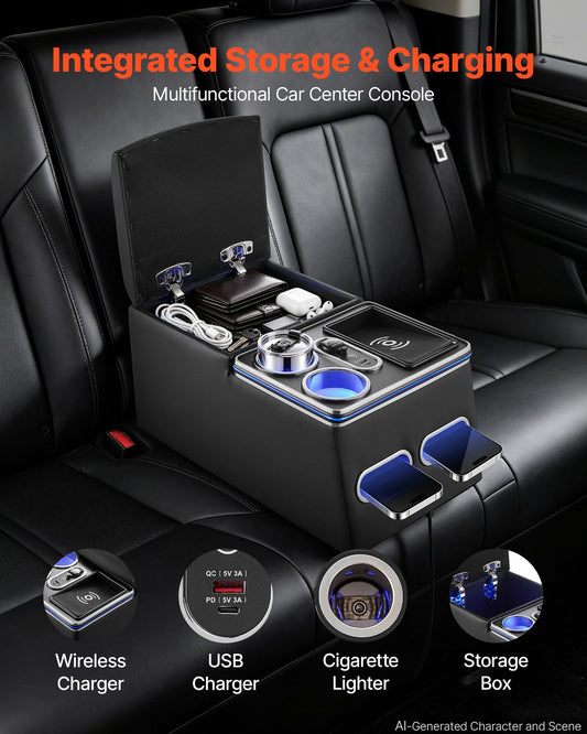 Universal Rear Bench Seat Center Console with 7-Color Ambient Lights, Wireless/USB/Cigarette Lighter Charging, Back Seat Central Console Organizer with Cup & Phone Holders for MPV, Sedan, SUV