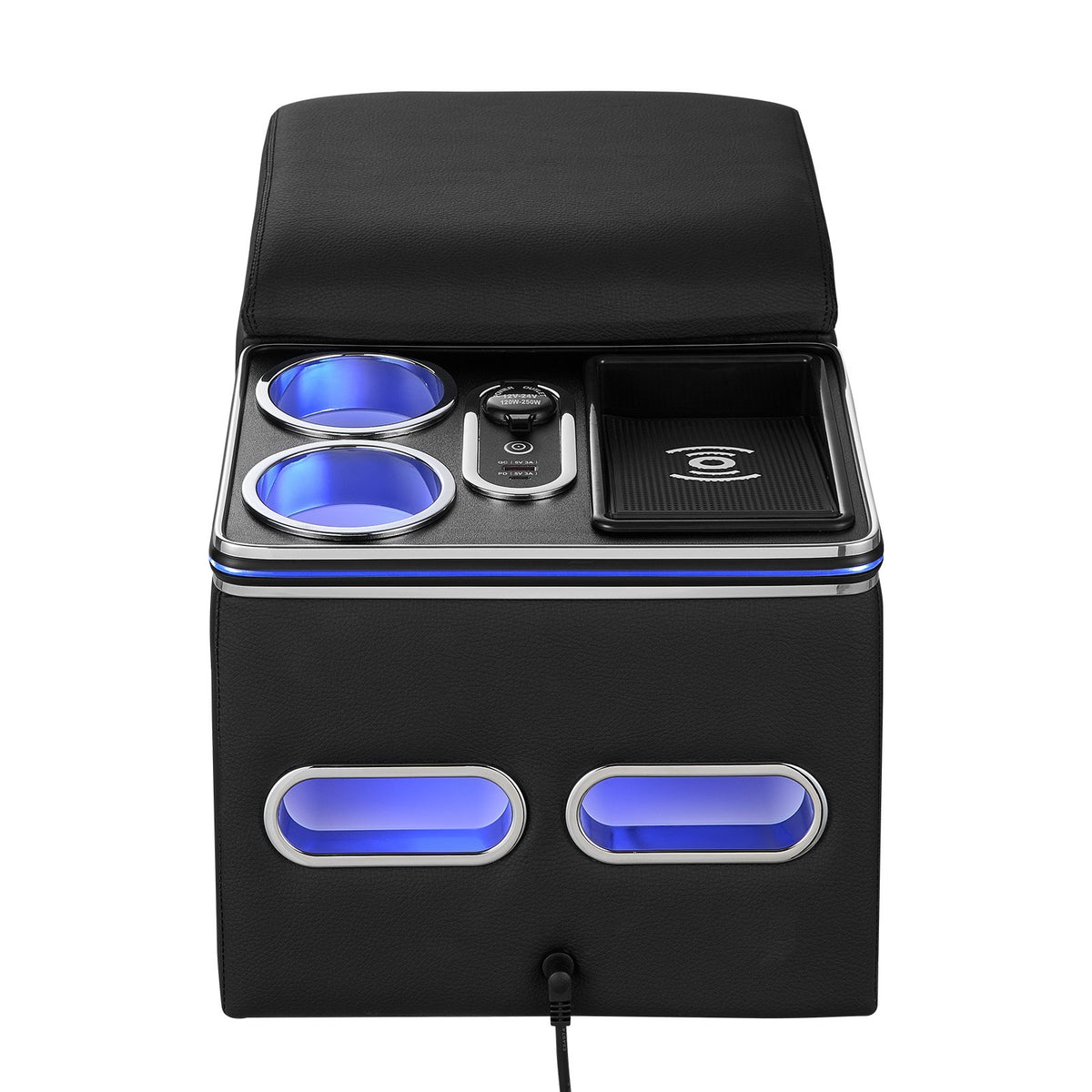 Universal Rear Bench Seat Center Console with 7-Color Ambient Lights, Wireless/USB/Cigarette Lighter Charging, Back Seat Central Console Organizer with Cup & Phone Holders for MPV, Sedan, SUV