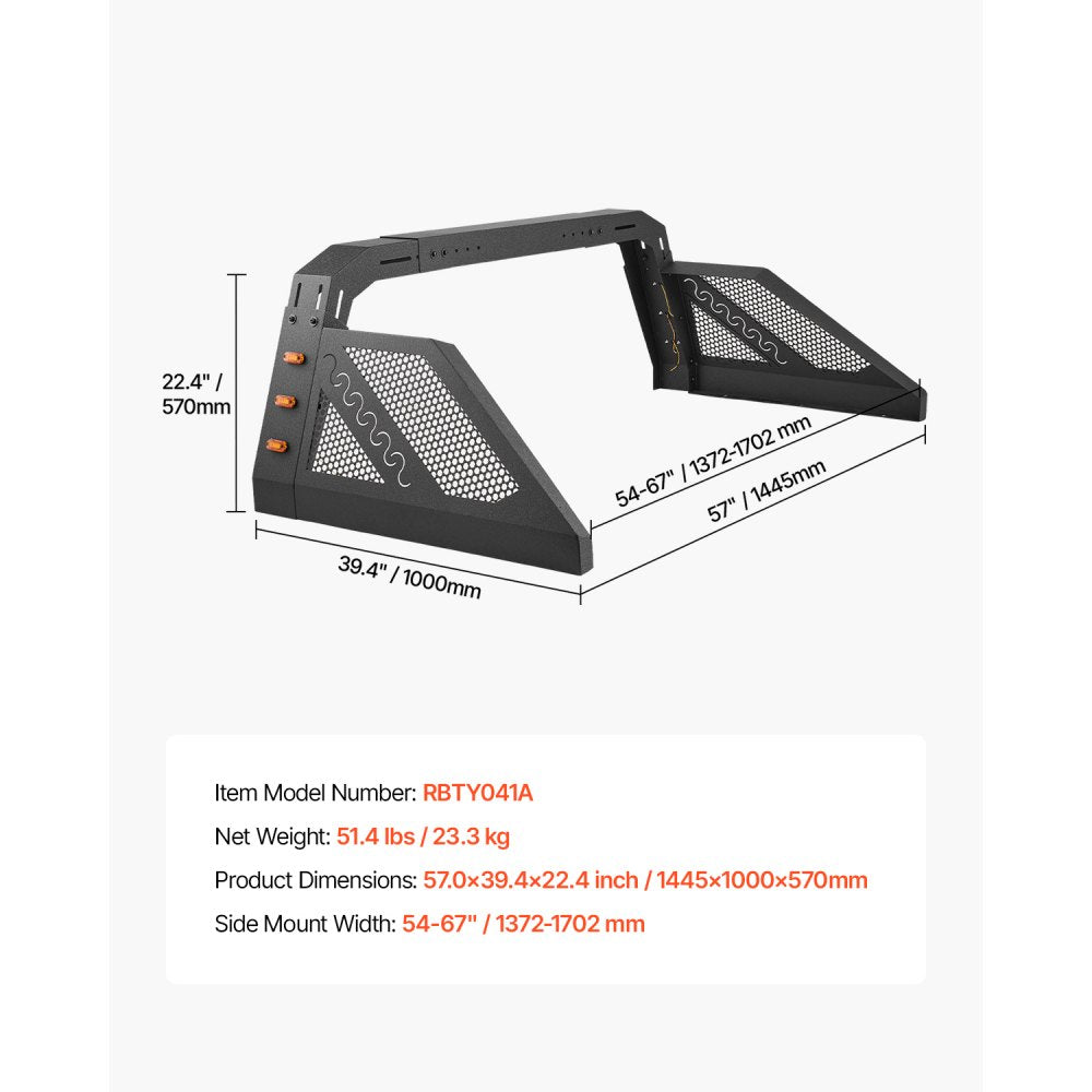 VEVOR Truck Bed Roll Bar Universal Chase Rack with Light for Full-Size Pickup