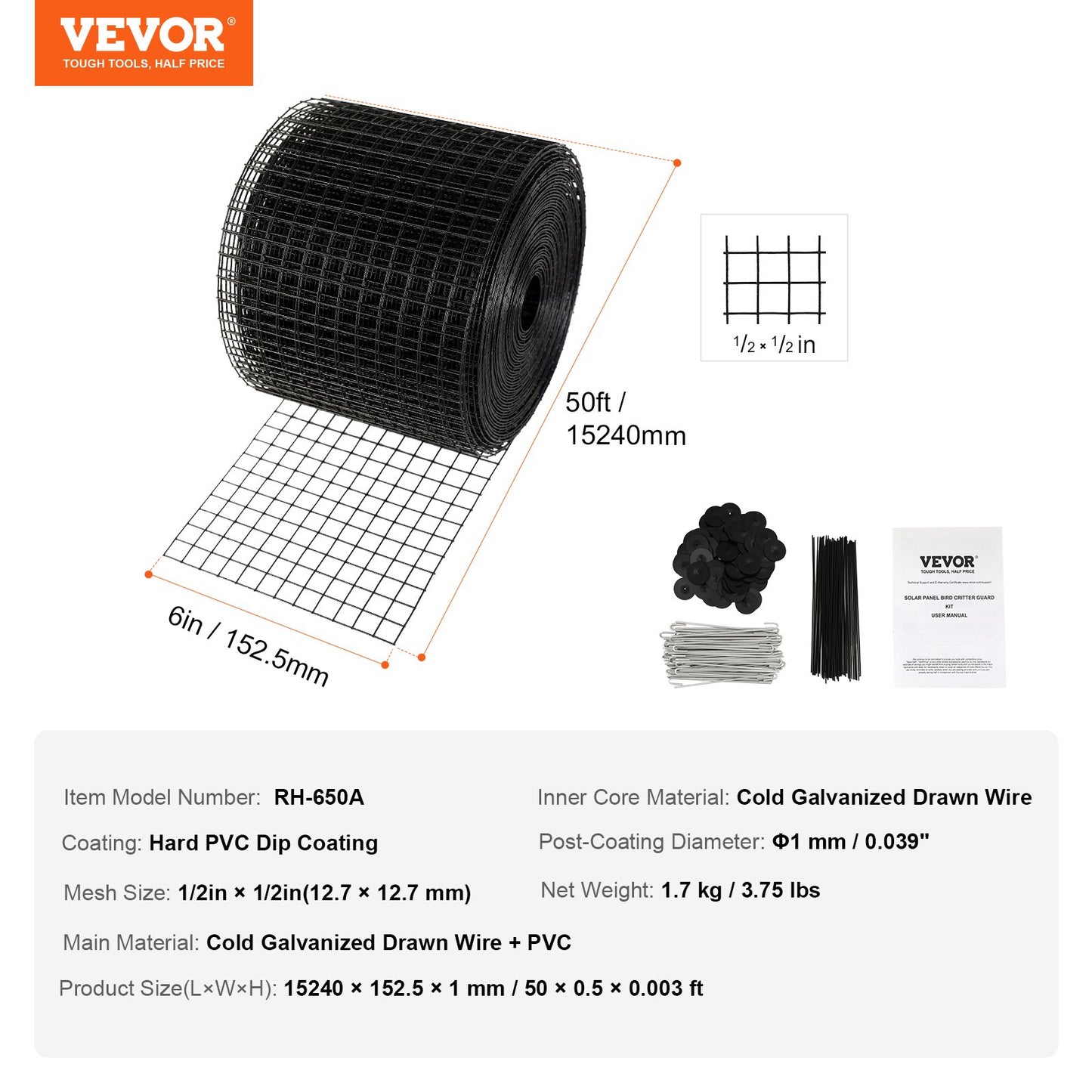 VEVOR 6 inch x 50ft Solar Panel Bird Guard, Critter Guard Roll Kit with 50pcs Stainless